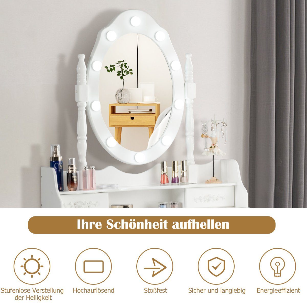 mit drehbarem Weiß 4 Spiegel&Beleuchtung Schminktisch, Hocker, COSTWAY Schubladen,
