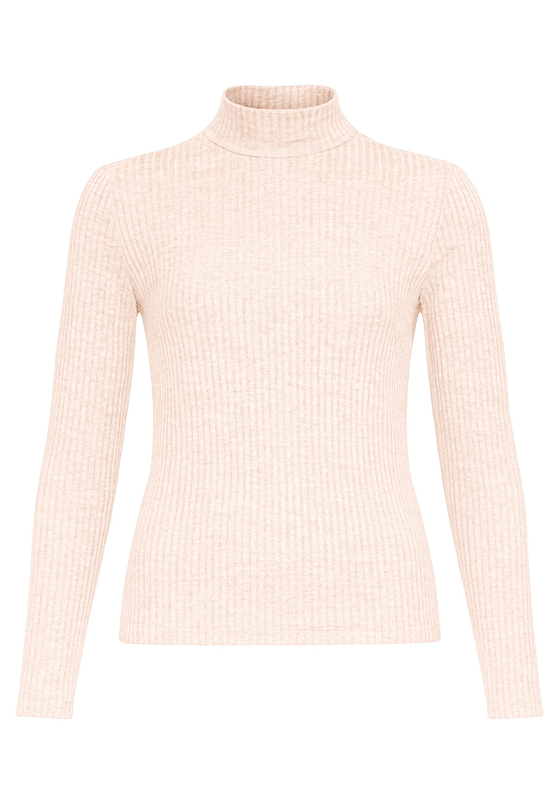 SASSYCLASSY Langarmshirt Geripptes Langarmshirt für Damen Weiches Shirt mit schmalem Stehkragen Beige Braun Grau – Bild 2 von 5
