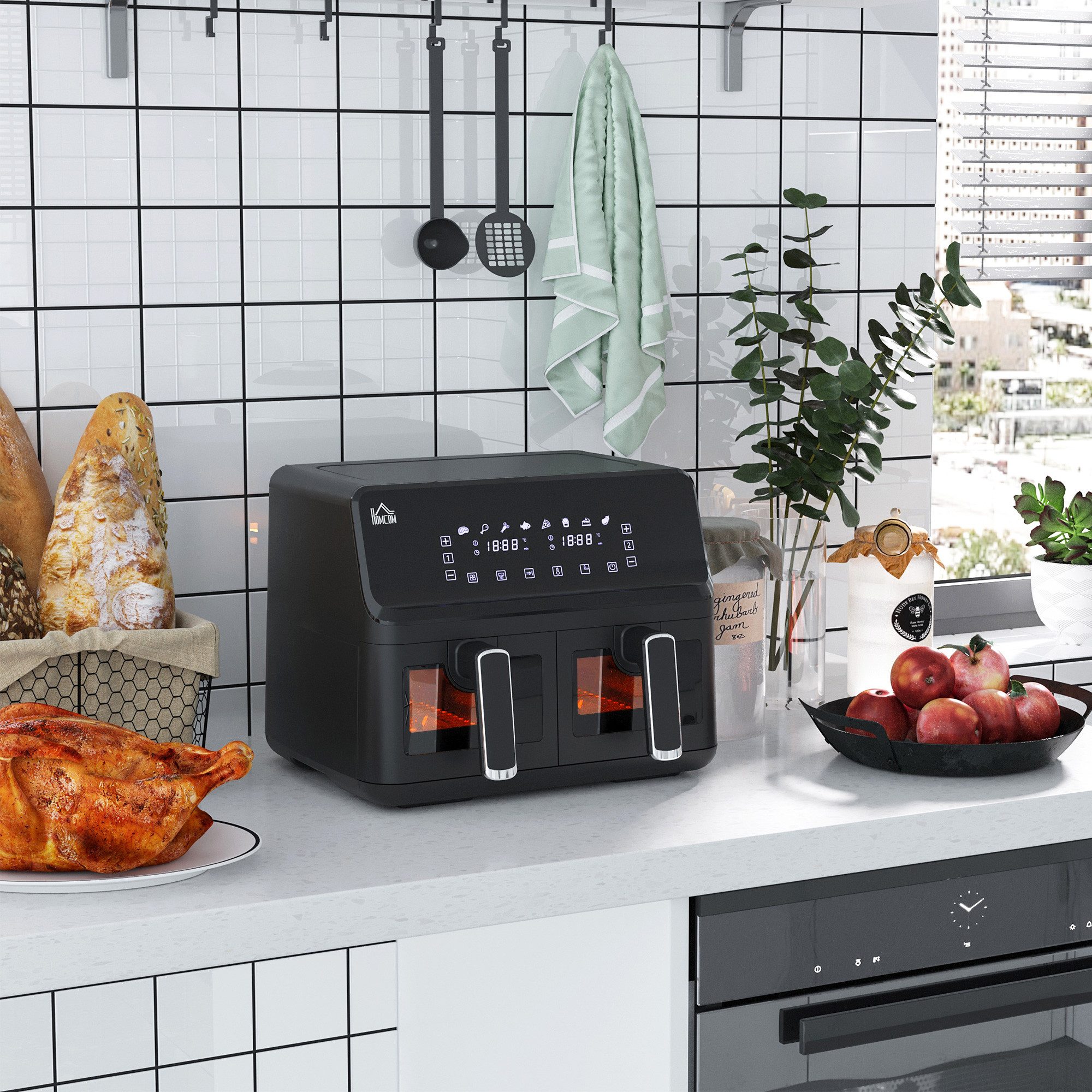 HOMCOM Minibackofen Backofen 10 L 750W 100-230℃ mit Backblech Pizza-Ofen, zum Grillen, Backen, Toasten, Schwarz