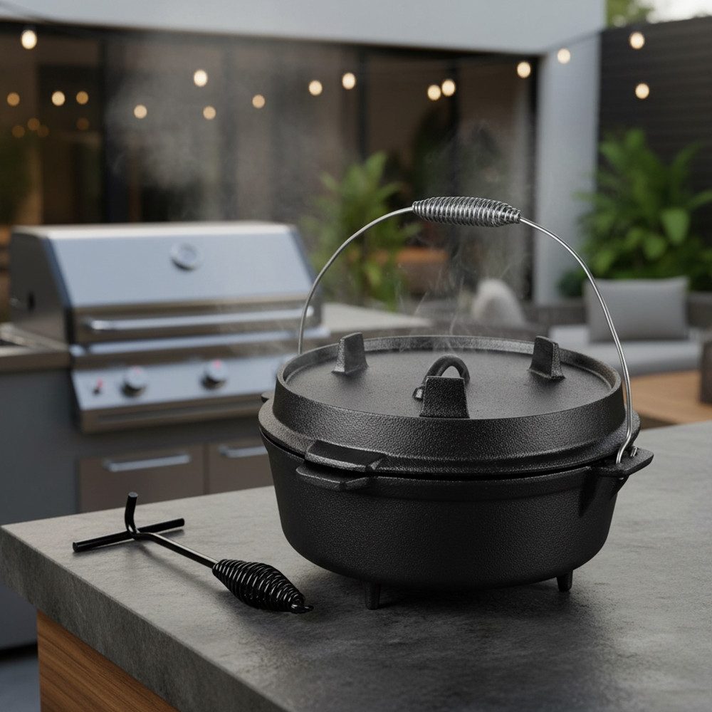 Mucola Feuertopf Dutch Oven Kochkessel Outdoorküche Schmortopf Grilltopf BBQ Gusseisen, Gusseisen (Stück, 3-tlg., Dutch Oven), Der Deckel kann als Bratpfanne genutzt werden