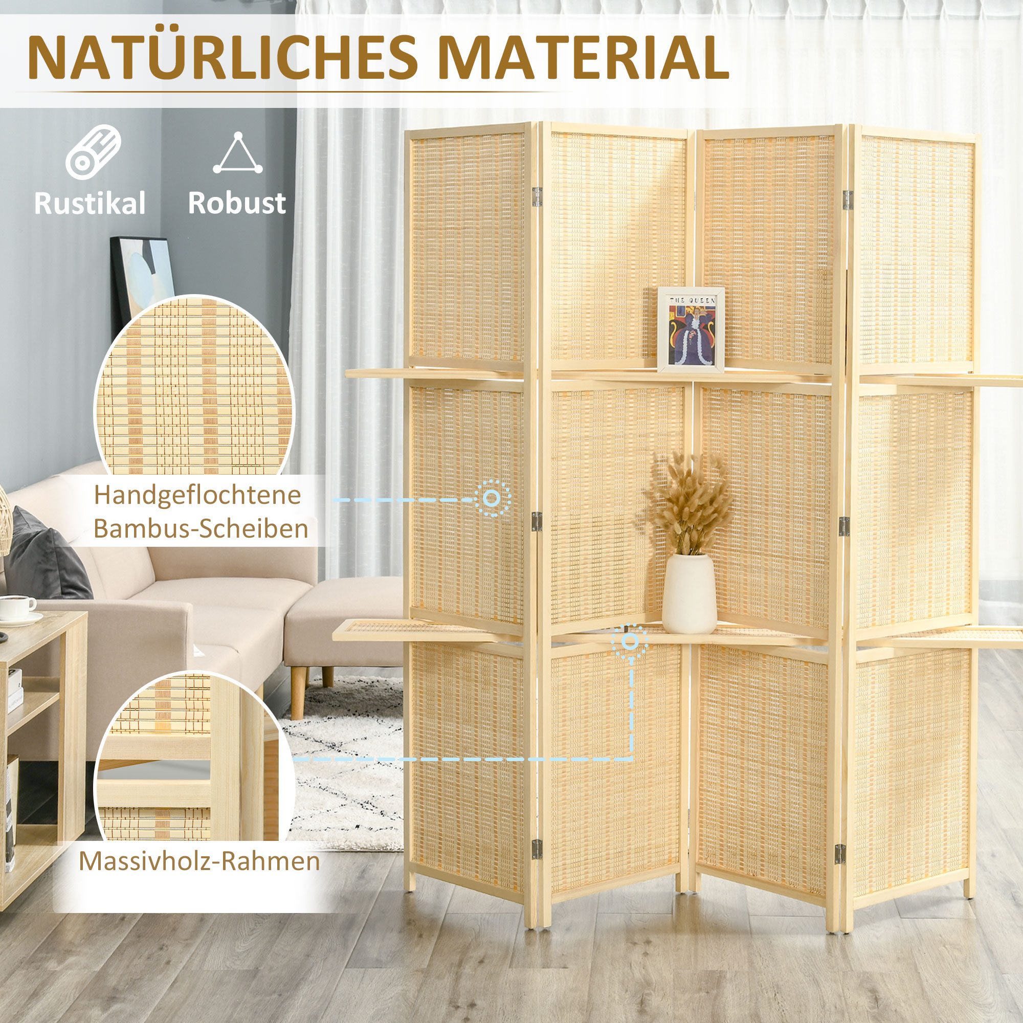 HOMCOM Paravent 4-teilig Raumtrenner aus Bambus Kiefernholz (Raumteiler, 1 St., Trennwand), 180 x 1,9 x 180 cm, Naturholz