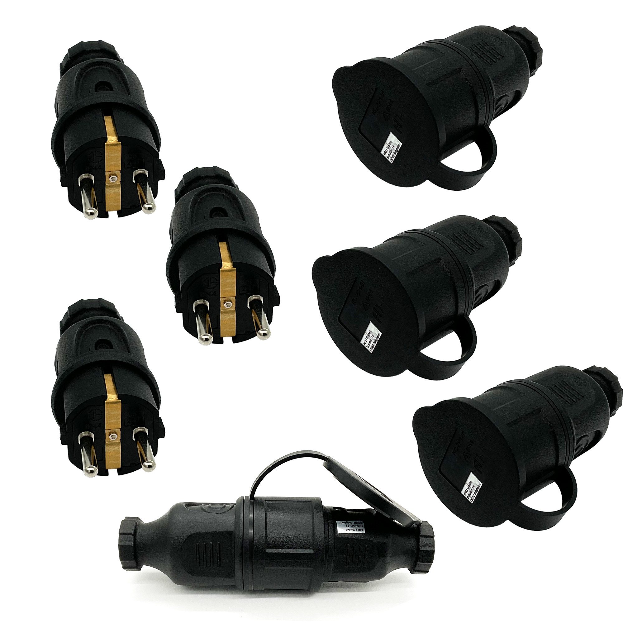 ARLI 4x Schutzkontaktstecker + 4 x Schutzkontaktkupplung Schuko Stromadapter Stecker zu Kupplung, IP44 Schutzkontakt Komplettes Stromverbindungs-Set Stromkabel