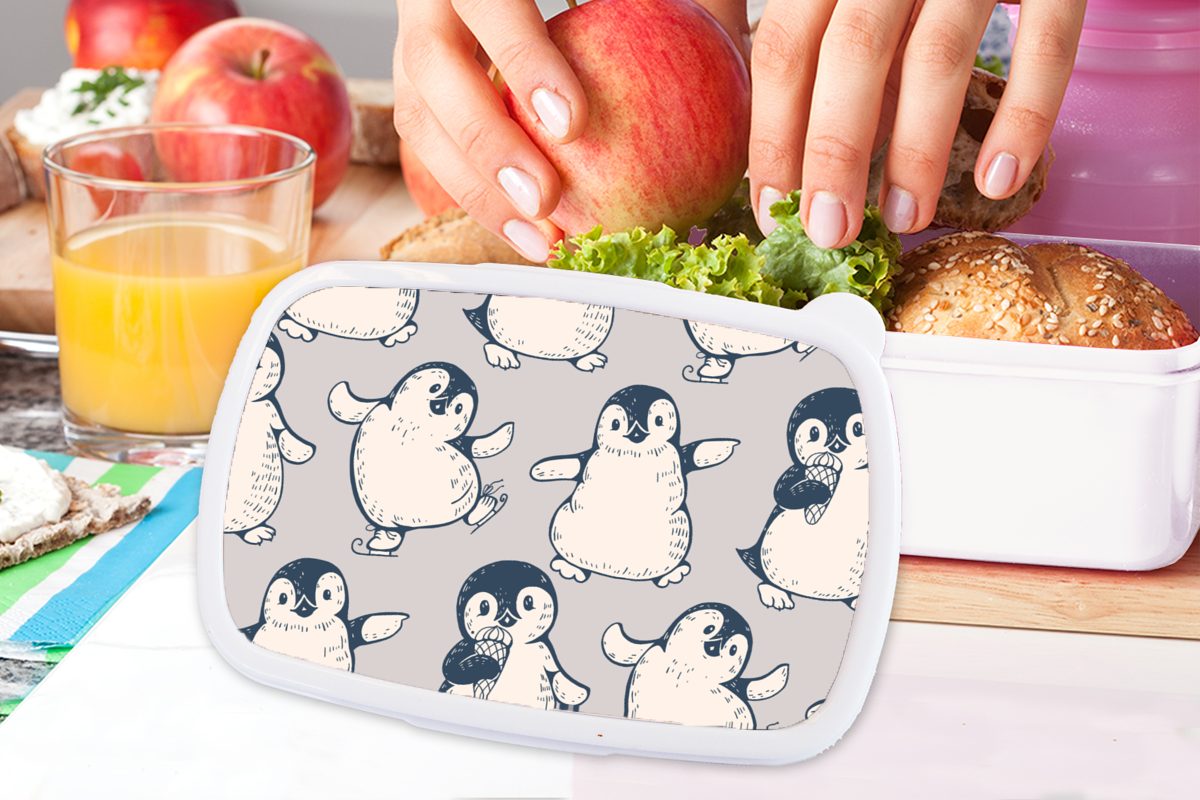 für weiß MuchoWow - (2-tlg), Lunchbox Pinguin Kunststoff, - Eis, für Jungs Mädchen Kinder Erwachsene, und Brotbox Muster und Brotdose,
