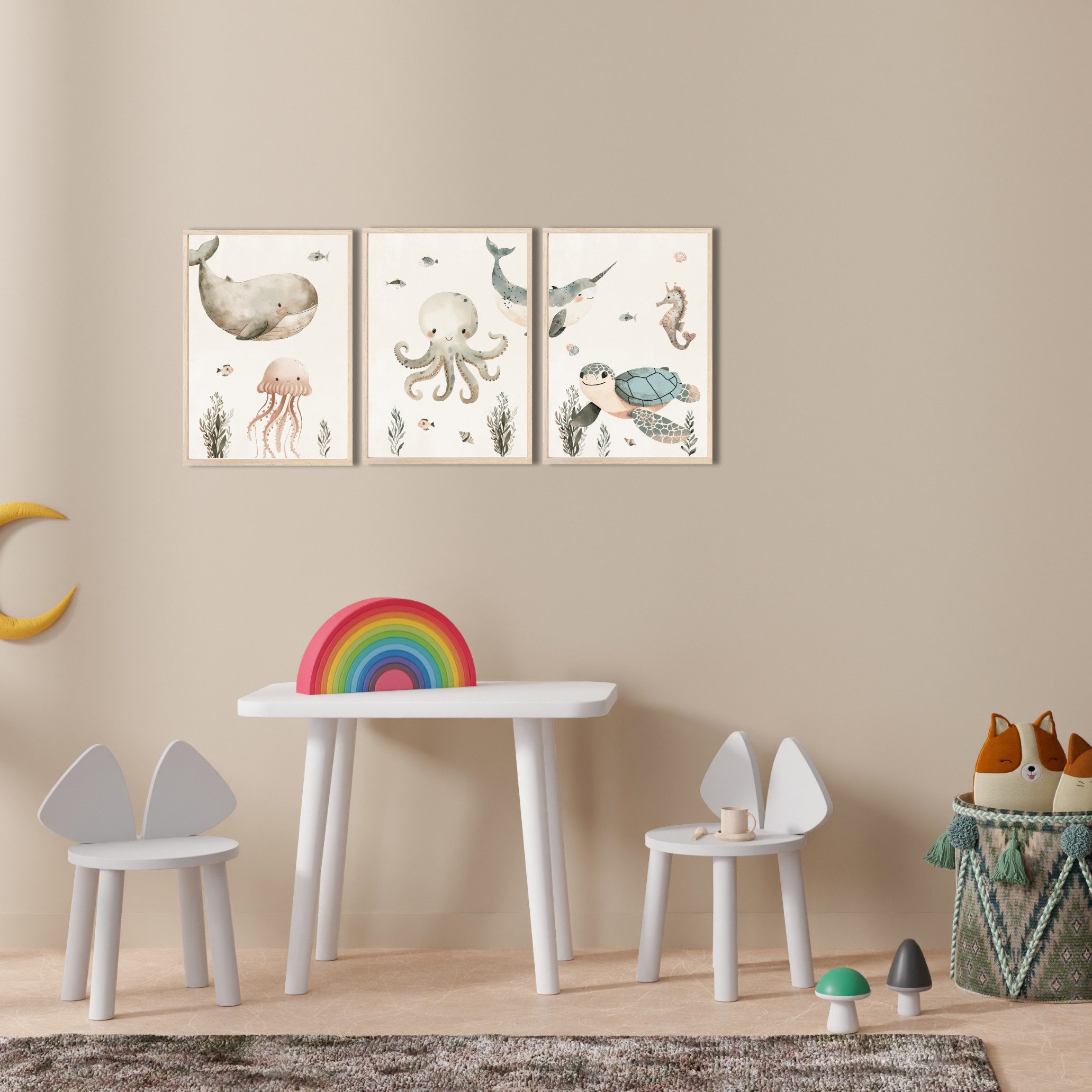 MeinBaby123® Poster Kinderzimmer Meerestiere, Kinderzimmer Deko, Kinderzimmer Bilder, Unterwasserwelt, süßer Wal, Schildkröte, Qualle – Bild 4 von 5