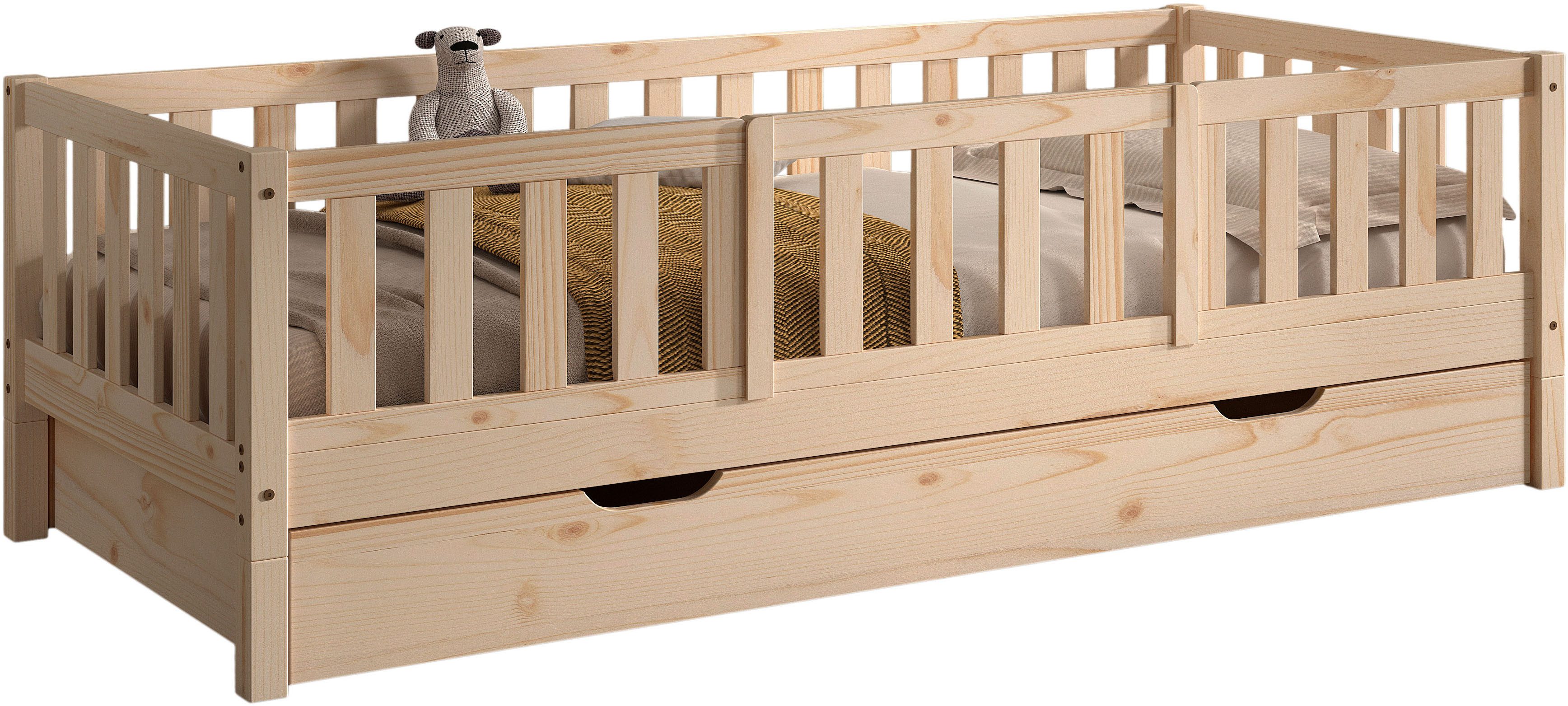 Vipack Daybett Dallas Massiv Bett mit Rausfallschutz umbaubar vom Boden- zum Daybett, mit Bettschublade, wahlweise Kiefer massiv natur oder weiß