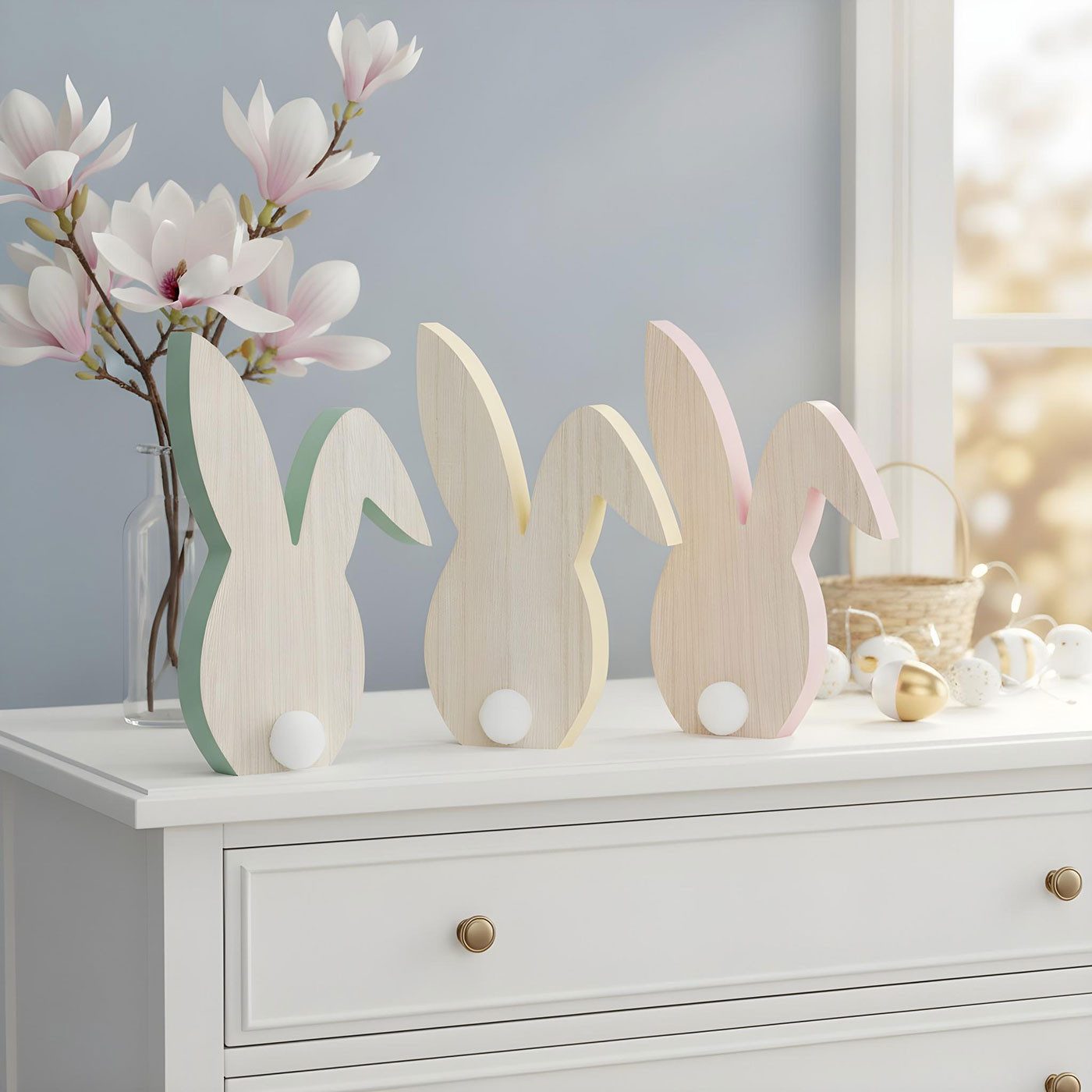 Levandeo® Osterhase, 3er Set Hase H22cm Holz Silhouette Gelb Rosa Grün Osterhase