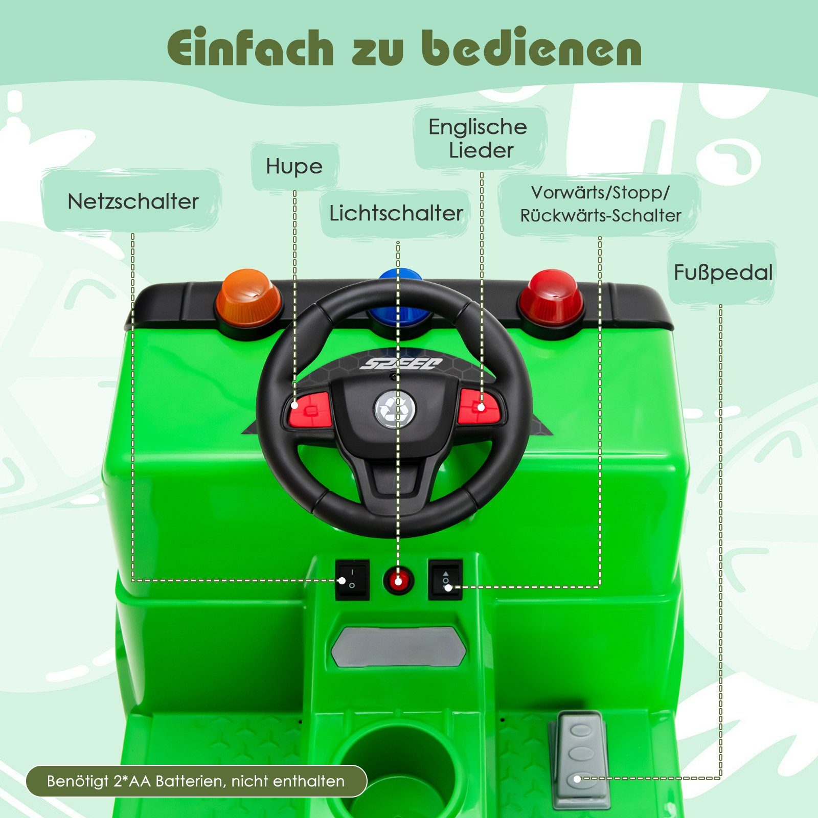 6 inkl. 12V Elektro-Kinderauto Zubehör COSTWAY Müllwagen, grün