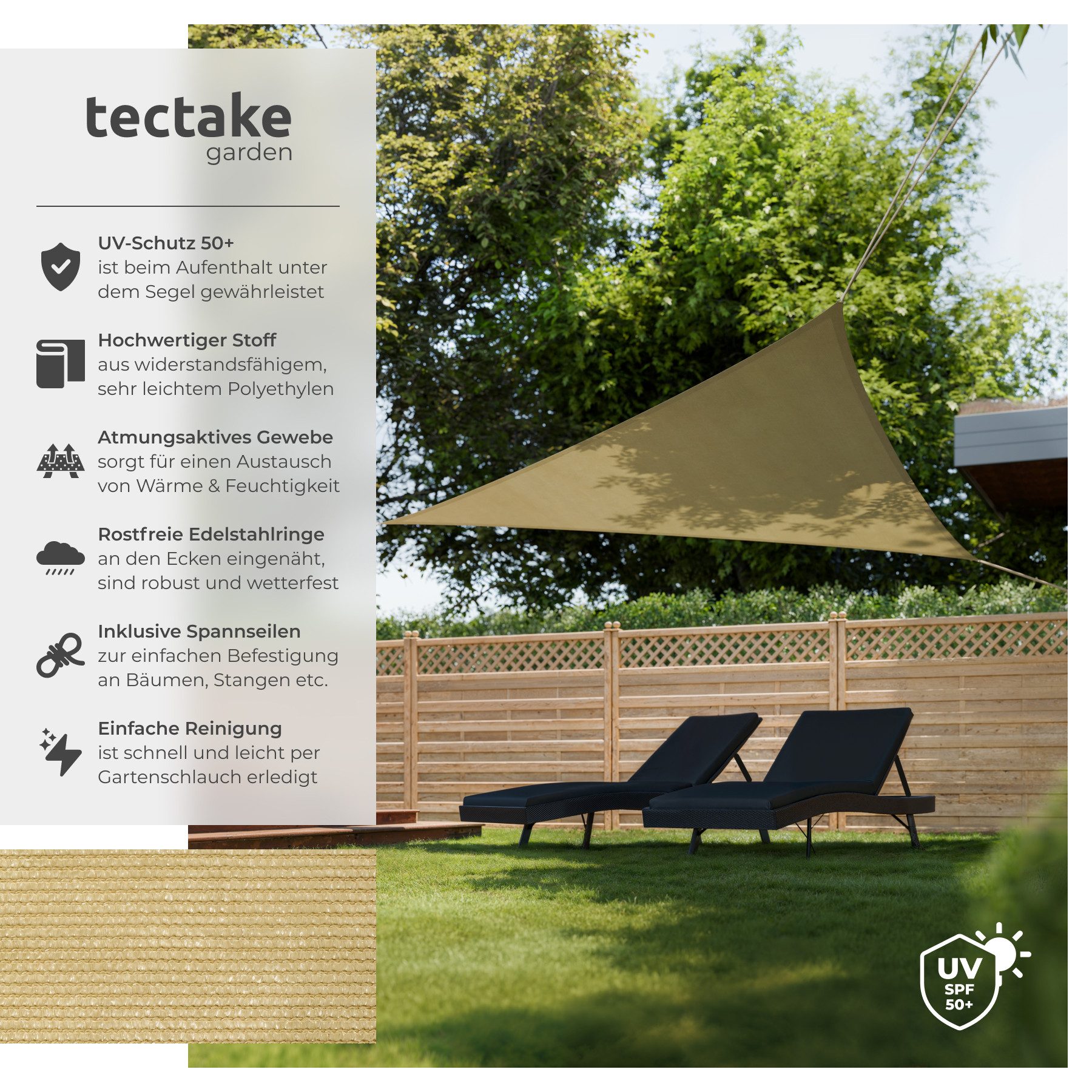 tectake Sonnensegel Dreieck-Beschattungstuch, UV 50+, Spannseile, Edelstahlringe, (Sonnenschutzplane, in beige), für Balkon/Garten/Terrasse, wasserabweisend, at – Bild 2 von 5