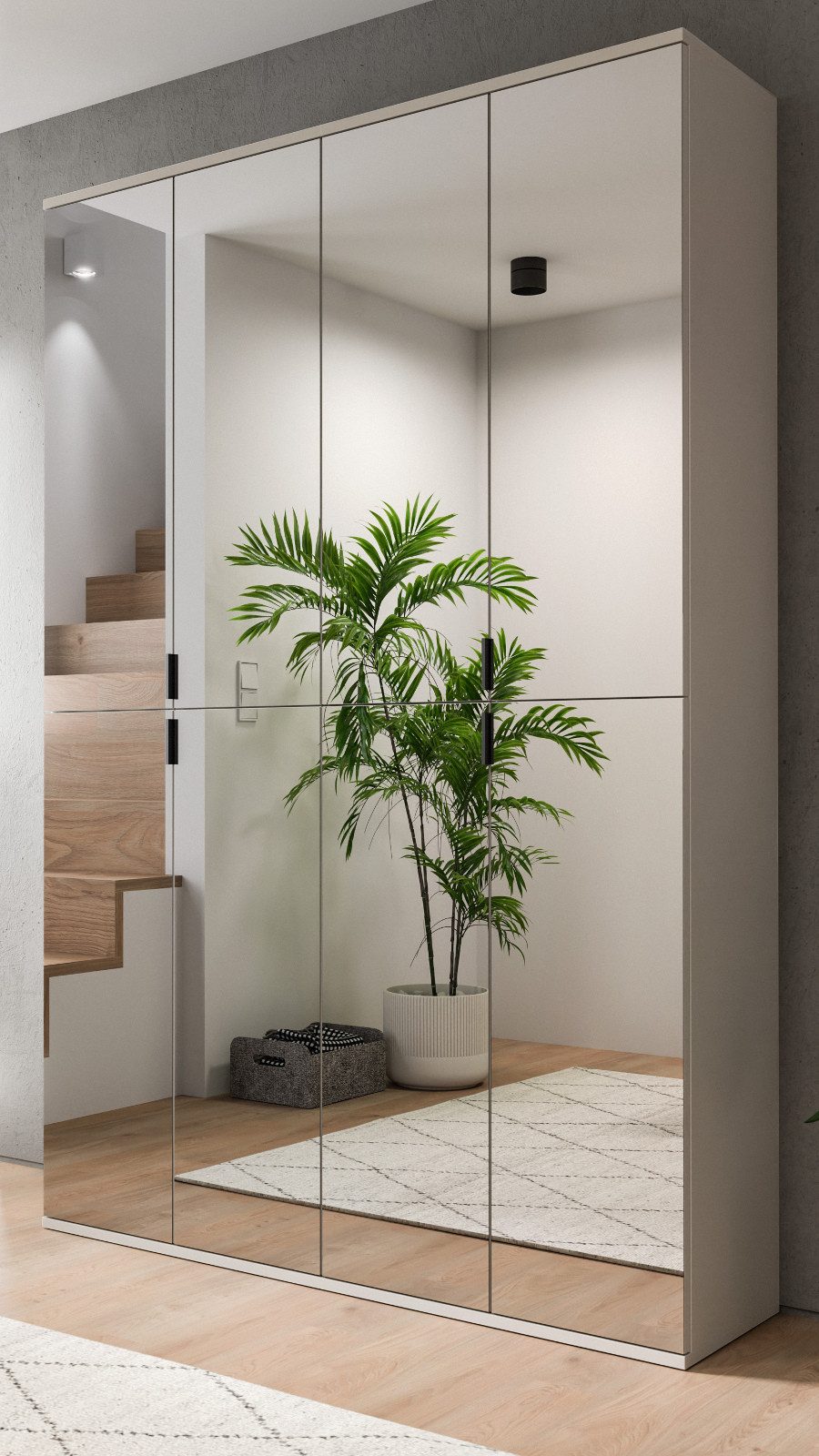Inn.Furn Garderobenschrank Line-Up (Schuhschrank in Kaschmir / Sand, 8 Spiegeltüren, 122 x 193 cm) variable Inneneinteilung, 2 Kleiderstangen und 14 Einlegeböden