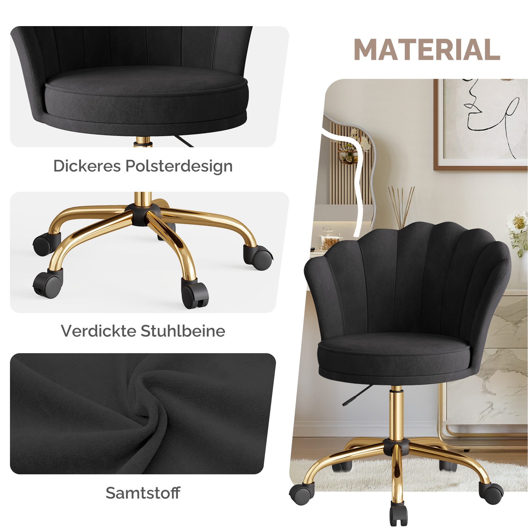 HawthyHome Bürostuhl Schreibtischstuhl mit Blütenrückenlehne, drehbar und höhenverstellbar (1 St), Samtbezug mit Kopfkissen, ergonomischer Stuhl – Bild 5 von 5