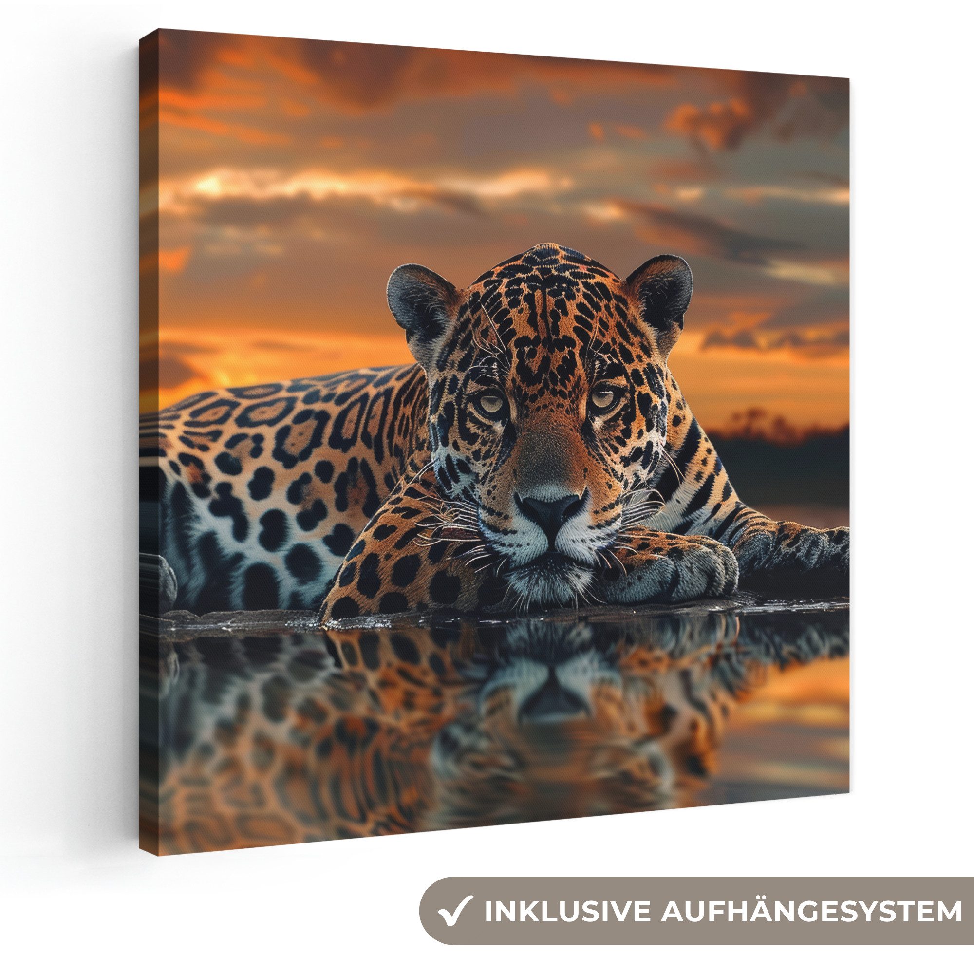 OneMillionCanvasses® Leinwandbild Natur - Leopard - Tier - Sonnenuntergang - Mod
