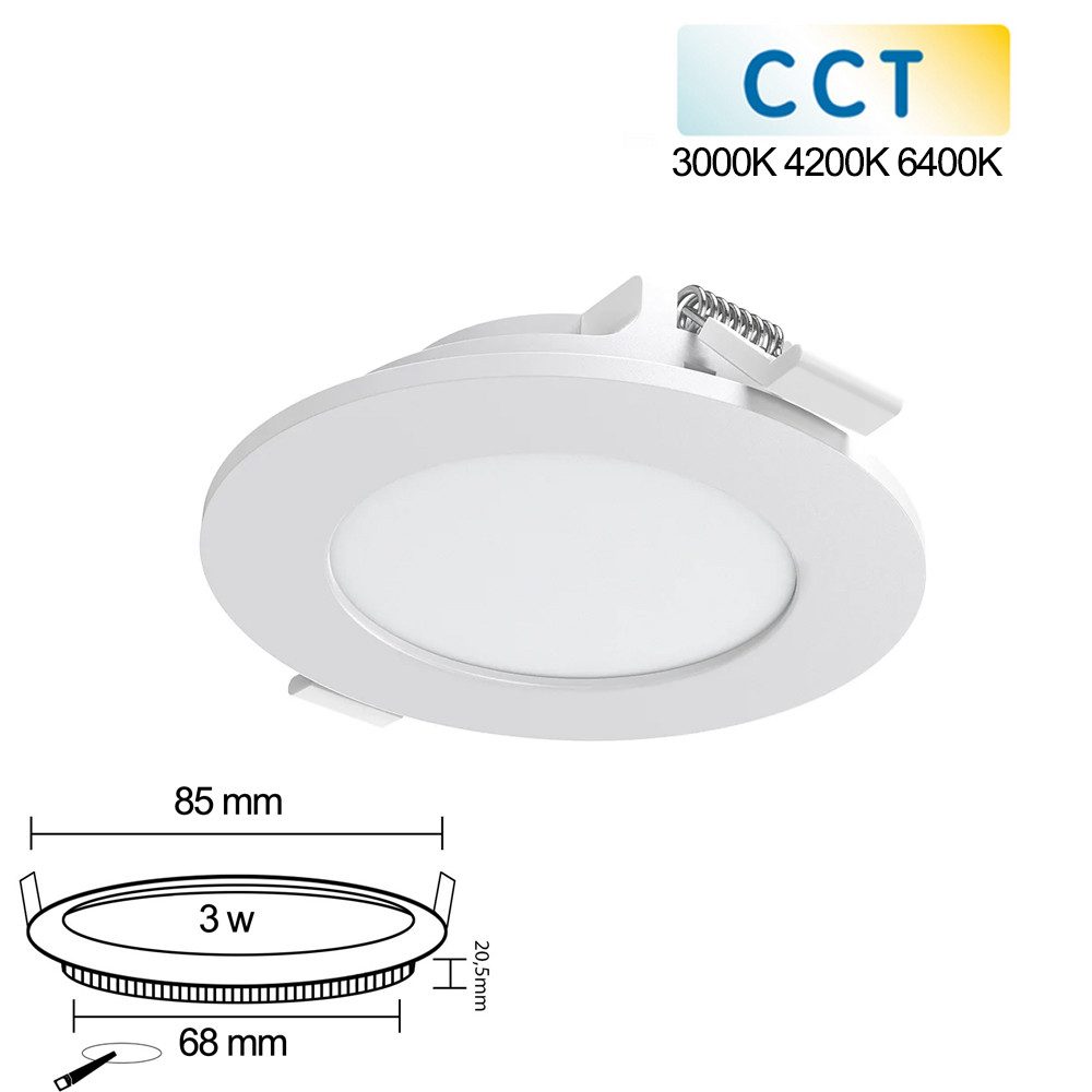 Mundotec LED Panel 3 W LED Panel Einbaupanel Einbauleuchte Slim Panel rund CCT Ø 7,5 cm, CCT 3000K 4200K 6400K, 3w, 180 Lumen, CCT 3000K 4200K 6400K, Rund, Kunststoff, IP20