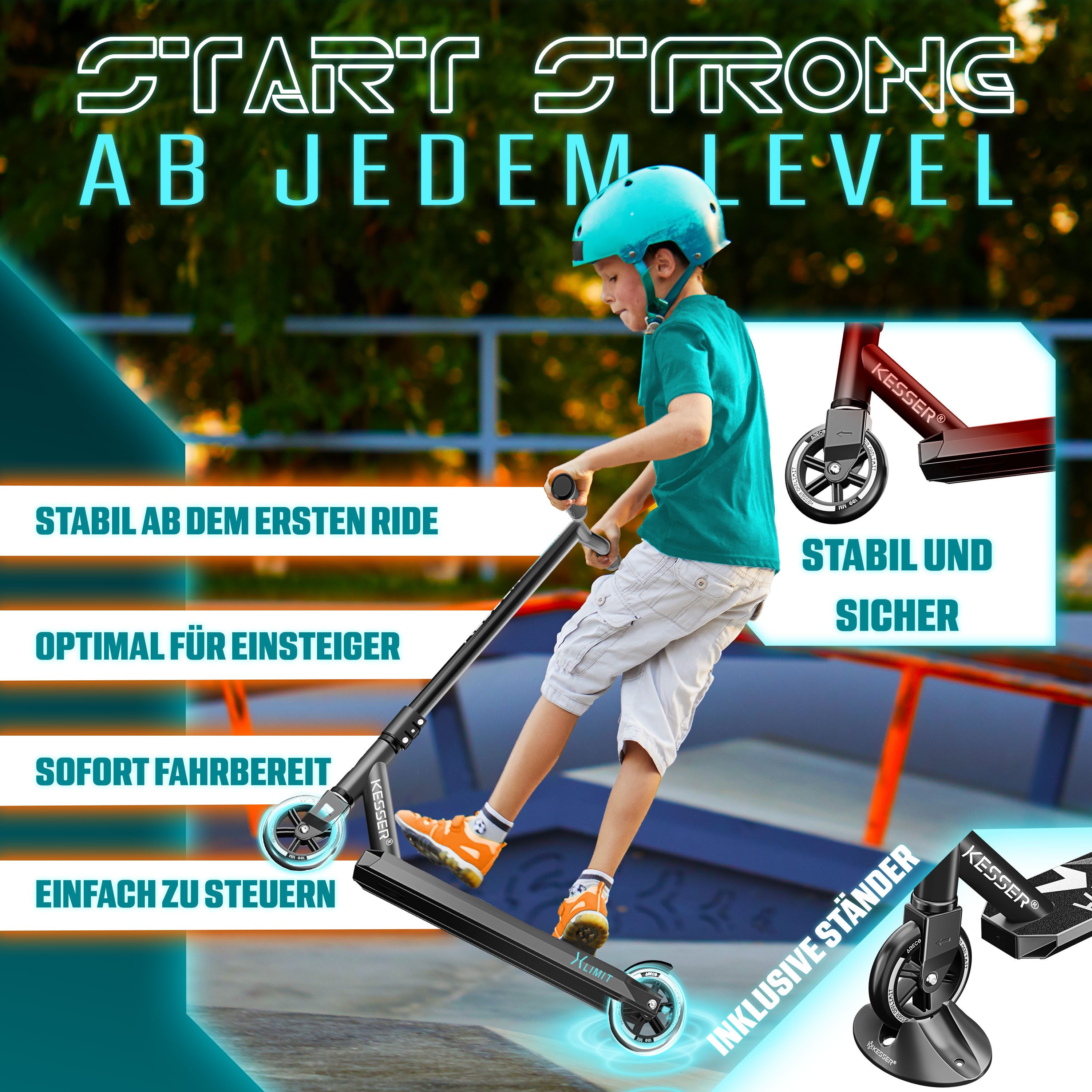 KESSER Stuntscooter X-Limit 360° Lenkung, ABEC9 Kugellagern, 100 mm PU Räder, Freestyle Kickscooter Funscooter für Kinder & Erwachsene