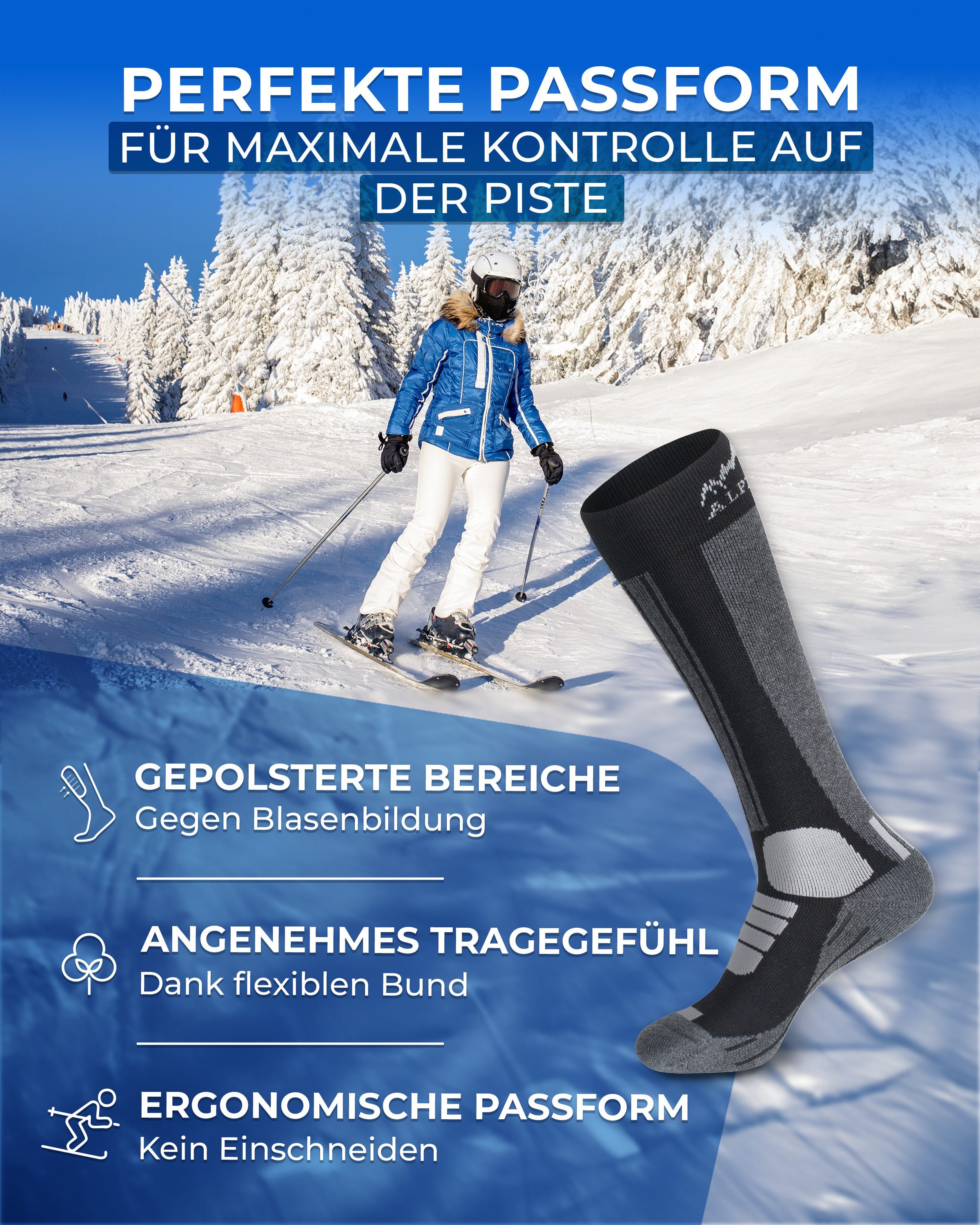 Alpenwert Skisocken 2er SET Snowboard Socken aus echter Merinowolle Herren & Damen (2 Paar, 4 Skisocken) Meinowolle Ski Socken