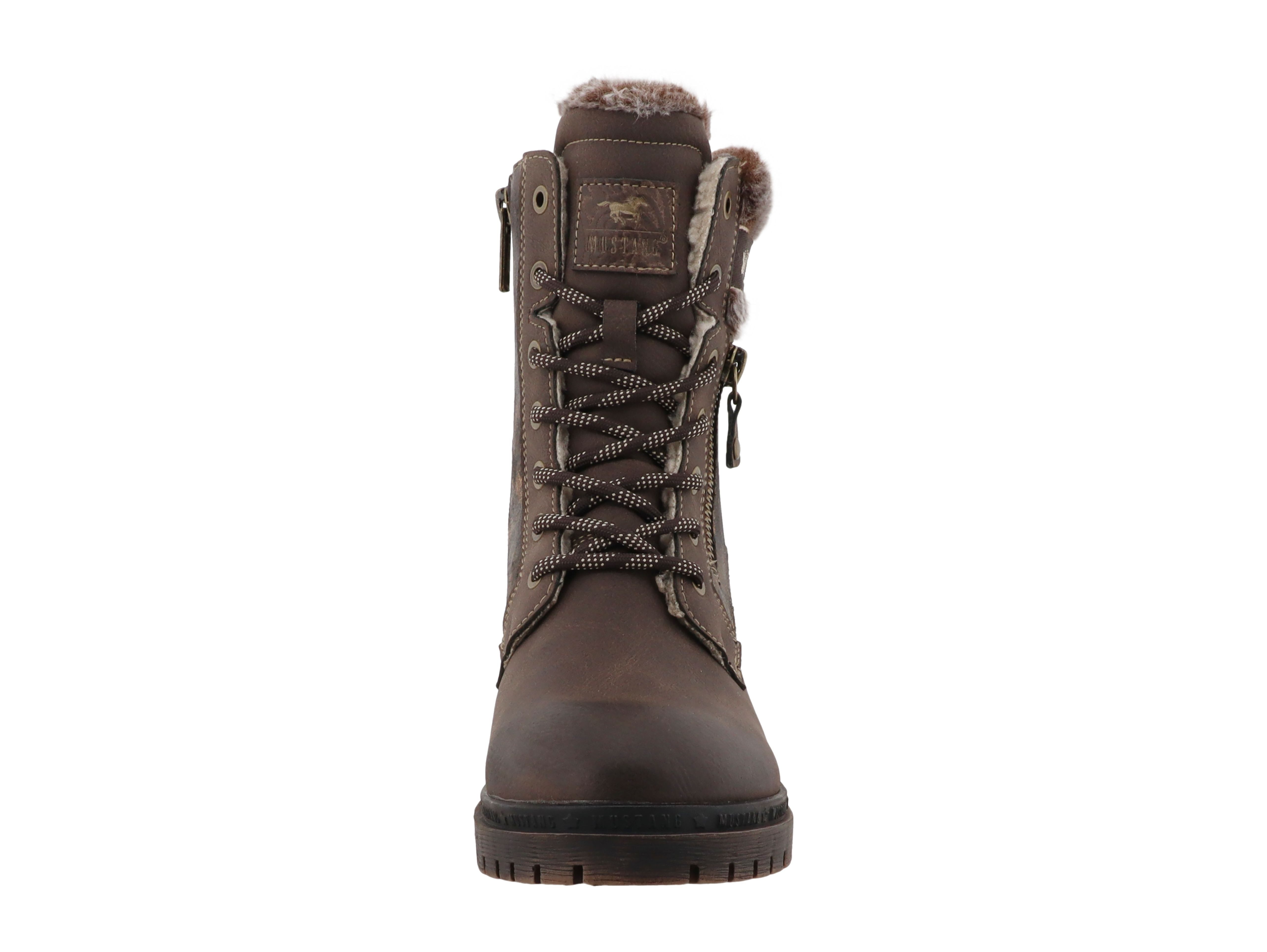 Mustang Shoes Stiefel Winterstiefelette Blockabsatz, Schnürboots mit Fellimitat am Schaftrand – Bild 3 von 4