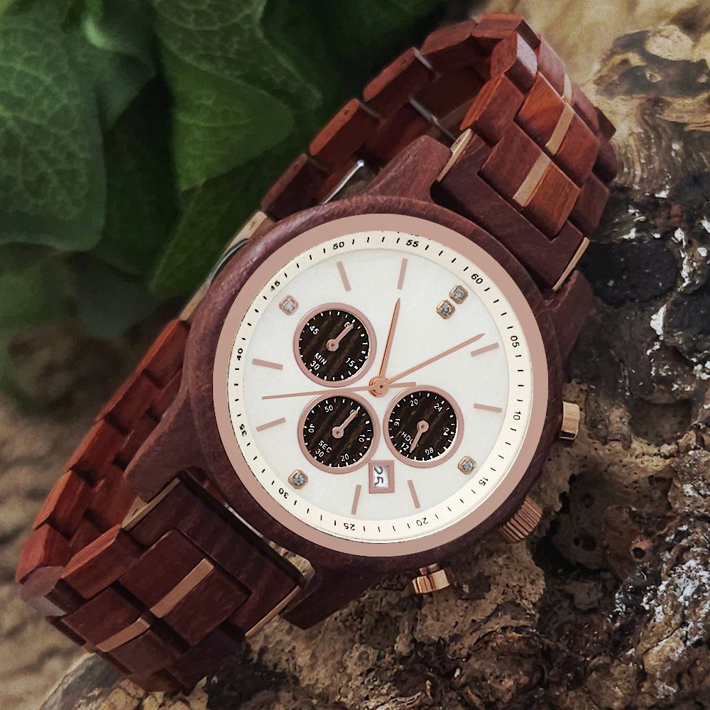 Holzwerk Chronograph ROSENAU kleine Damen Holz Armband Uhr mit Datum, Braun Rose Gold, weiß
