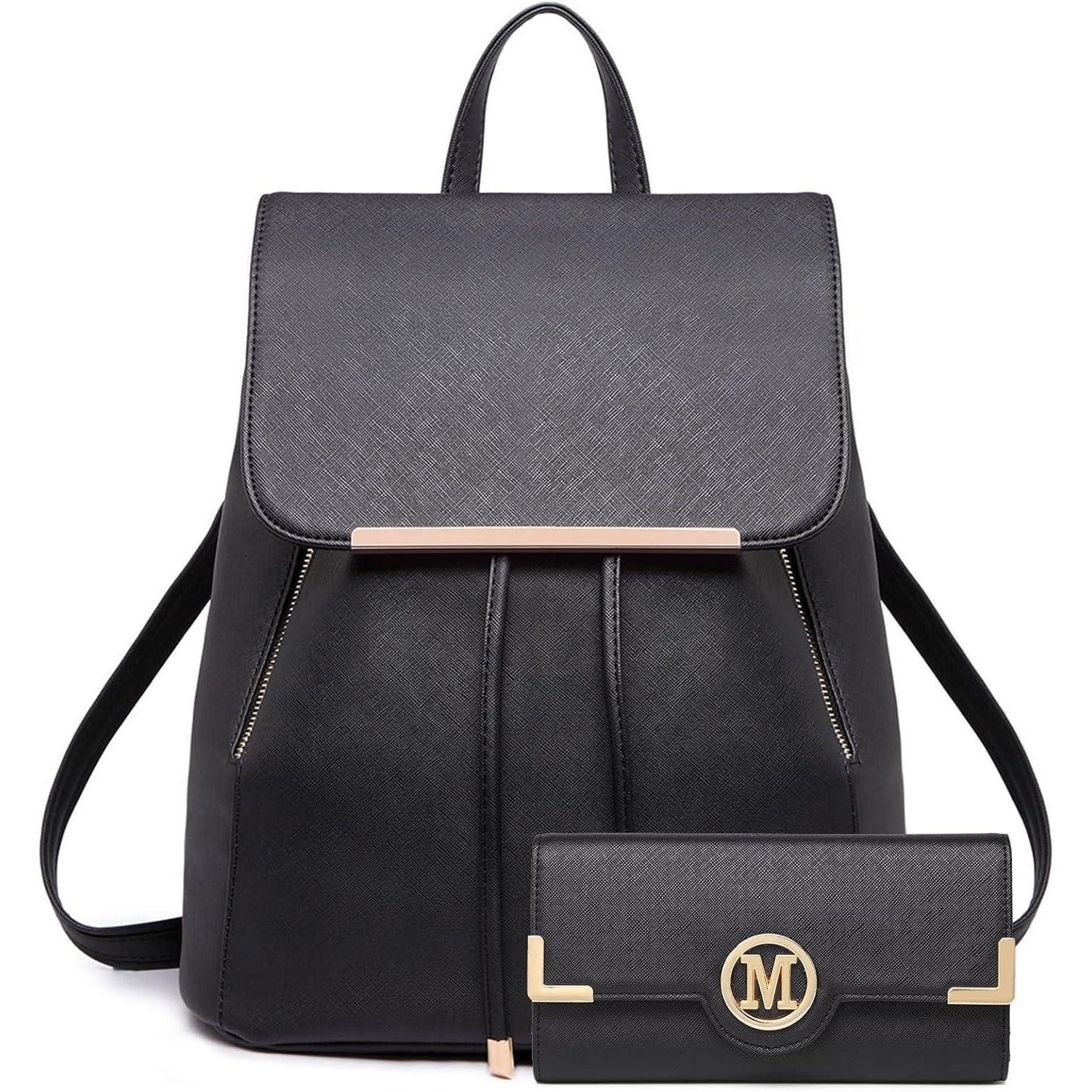 LuxusKollektion Cityrucksack Rucksack Damen Kunstleder Rolltop Tunnelzug Schwarz-set mit Geldbörsen