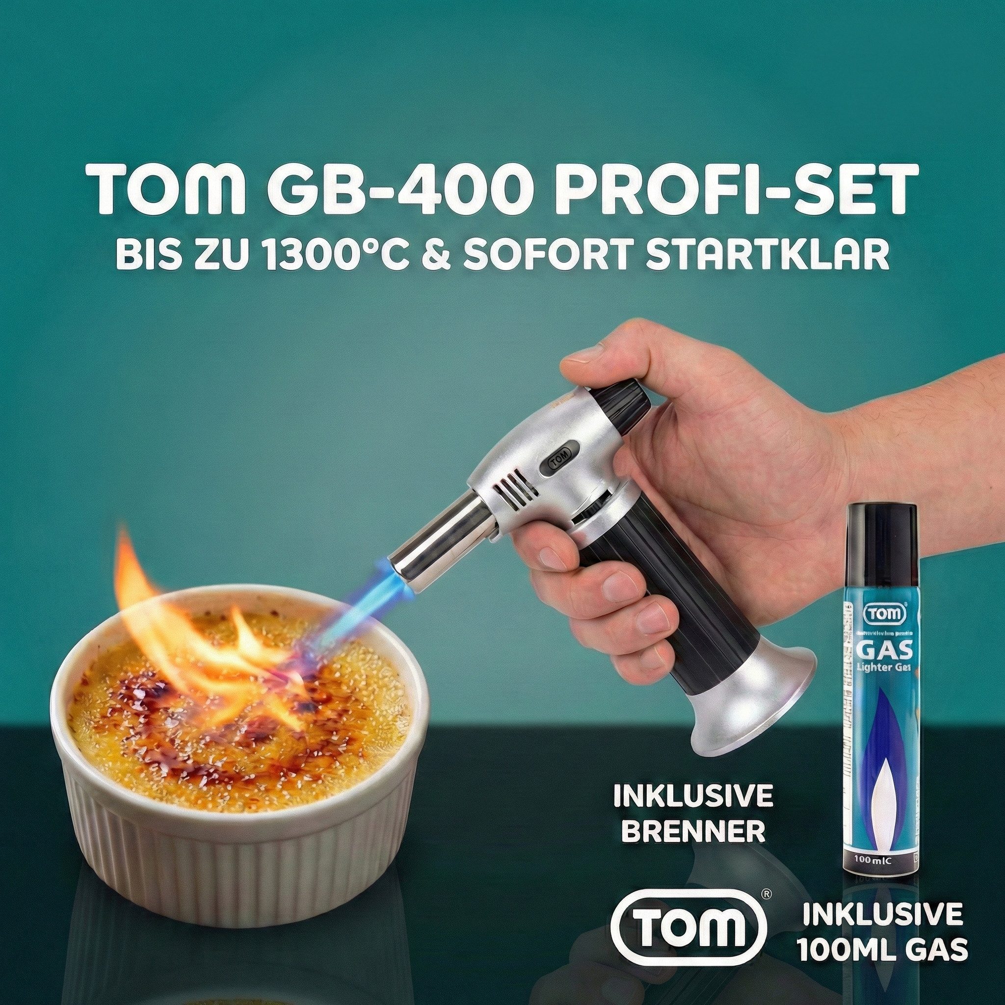 TOM Flambierbrenner Crème Brulée Brenner mit 1 x 100ml Gaskartusche, (2-tlg), 1300°C, Piezozündung – Bild 2 von 5