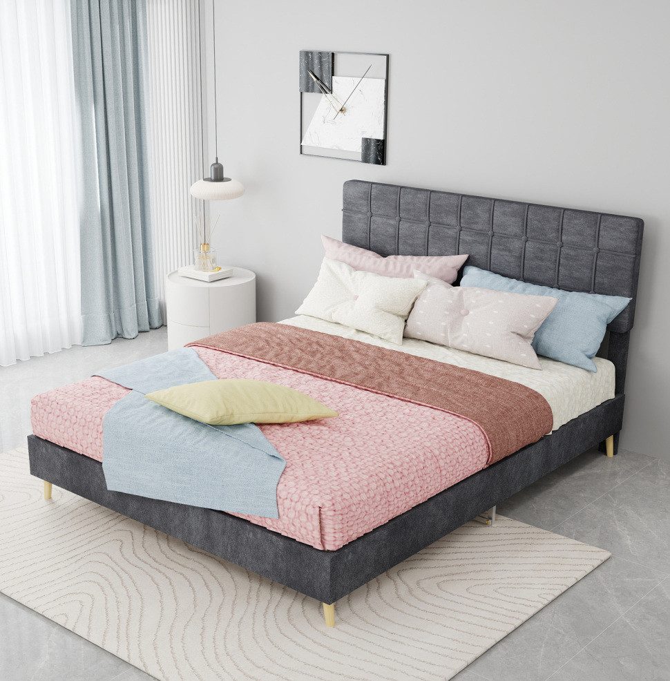 MODFU Polsterbett Doppelbett, ideal für kleine Haupt- oder Gästezimmer (modernes dunkelgraues Stoffbett mit leicht luxuriösem, kariertem, weich gepolstertem Kopfteil., 1-tlg., 140*200)