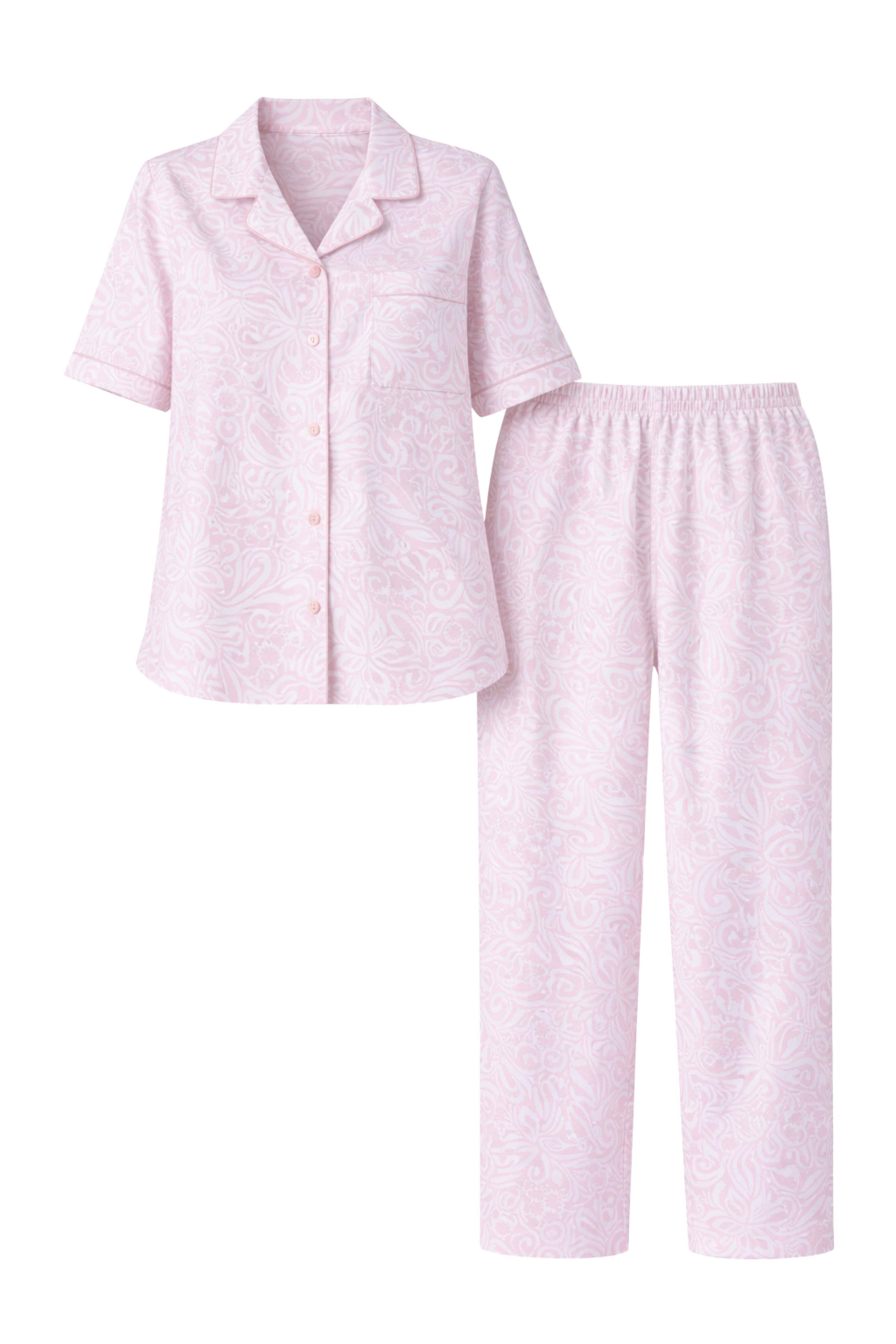 COOLISMO NIGHTWEAR Pyjama geknöpfter Damen Schlafanzug Damen 7/8 Baumwolle (2 tlg) soft, feminin und elegant mit Blumen-Druck Paspelierung