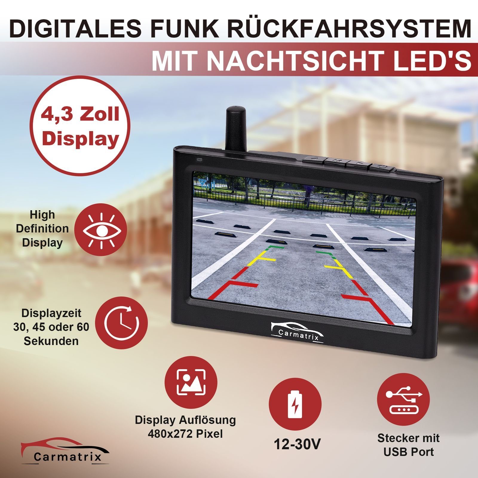 1 Funk nachrüsten) im (Auto kabellose Kennzeichenhalter, Kabel Digital Einparkhilfe Rückfahrkamera CARMATRIX Nummernschild zum Rückfahrkamera Rückfahrsystem