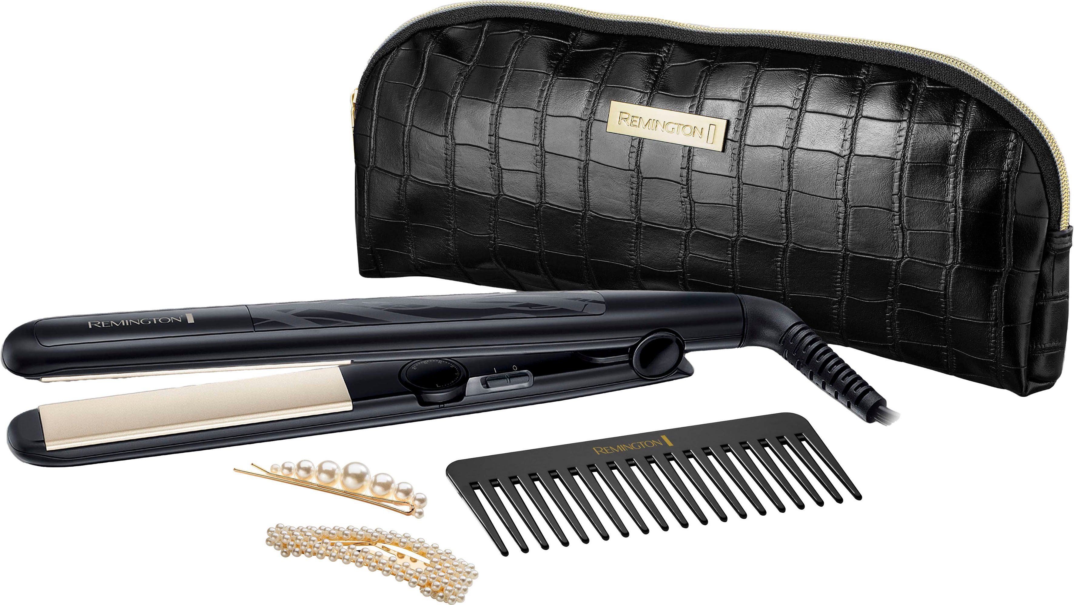 Remington Выпрямитель для волос Style Edition, S3505GP, Haarglätter im Geschenkset Keramik-Turmalin-Beschichtung, mit Aufbewahrungstasche, Kamm & Perlen-Spangen, bis 230° C