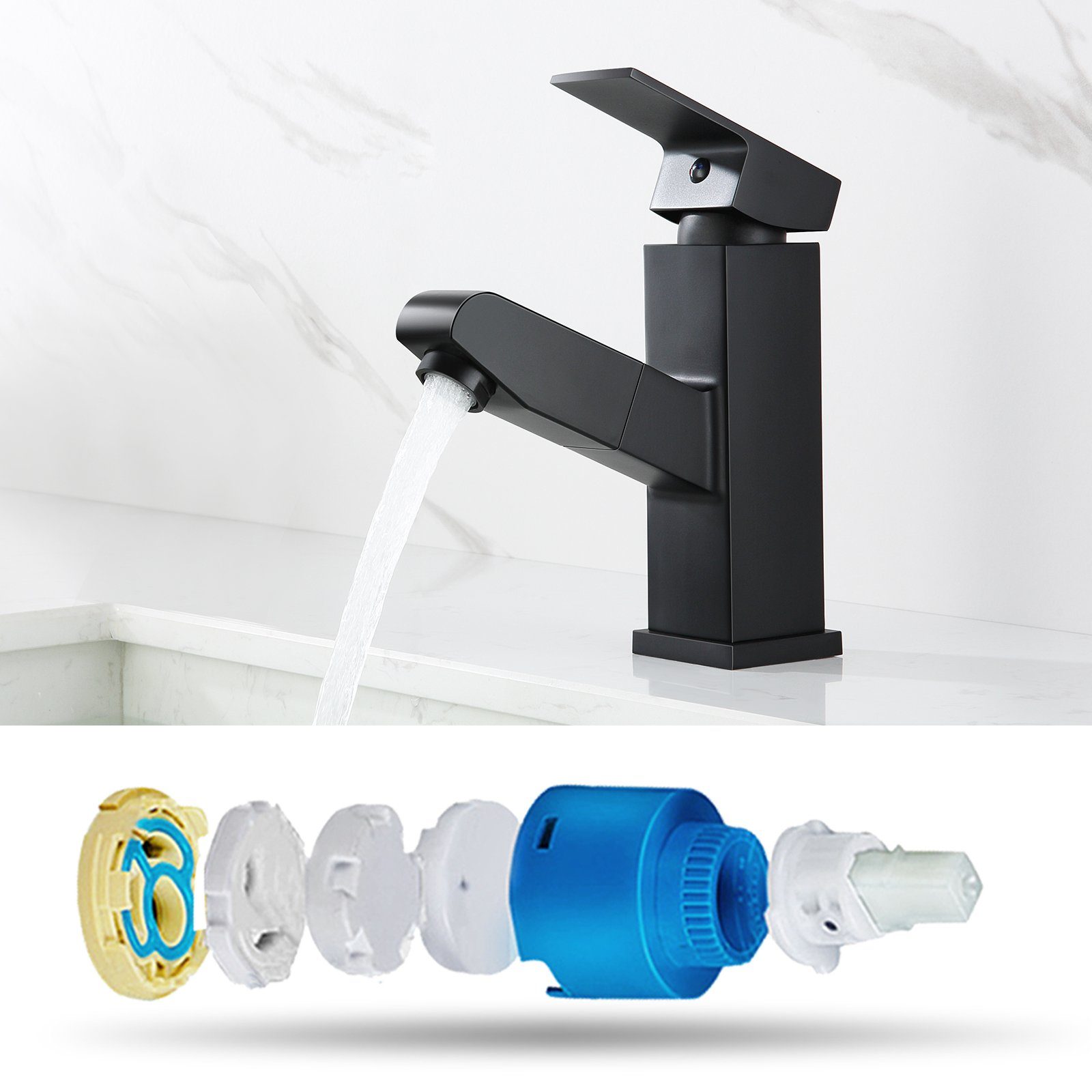 Wasserhahn Badarmatur Waschbecken Waschtischarmatur mit Auralum Brause Schwarz Ausziehbar Mischbatterie
