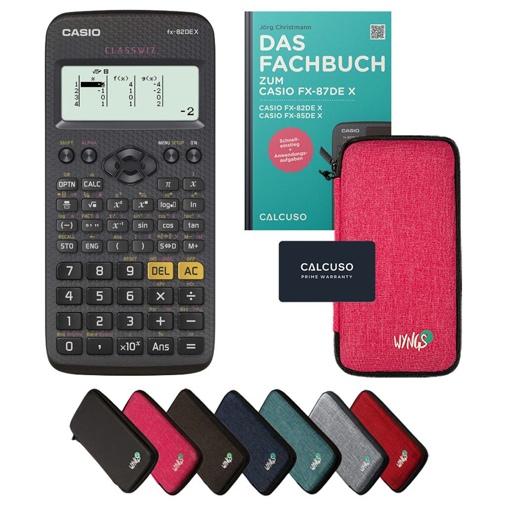 CASIO Taschenrechner fx-82DE X inkl. Schutztasche Pink & Fachbuch (80 Seiten, DIN A5)