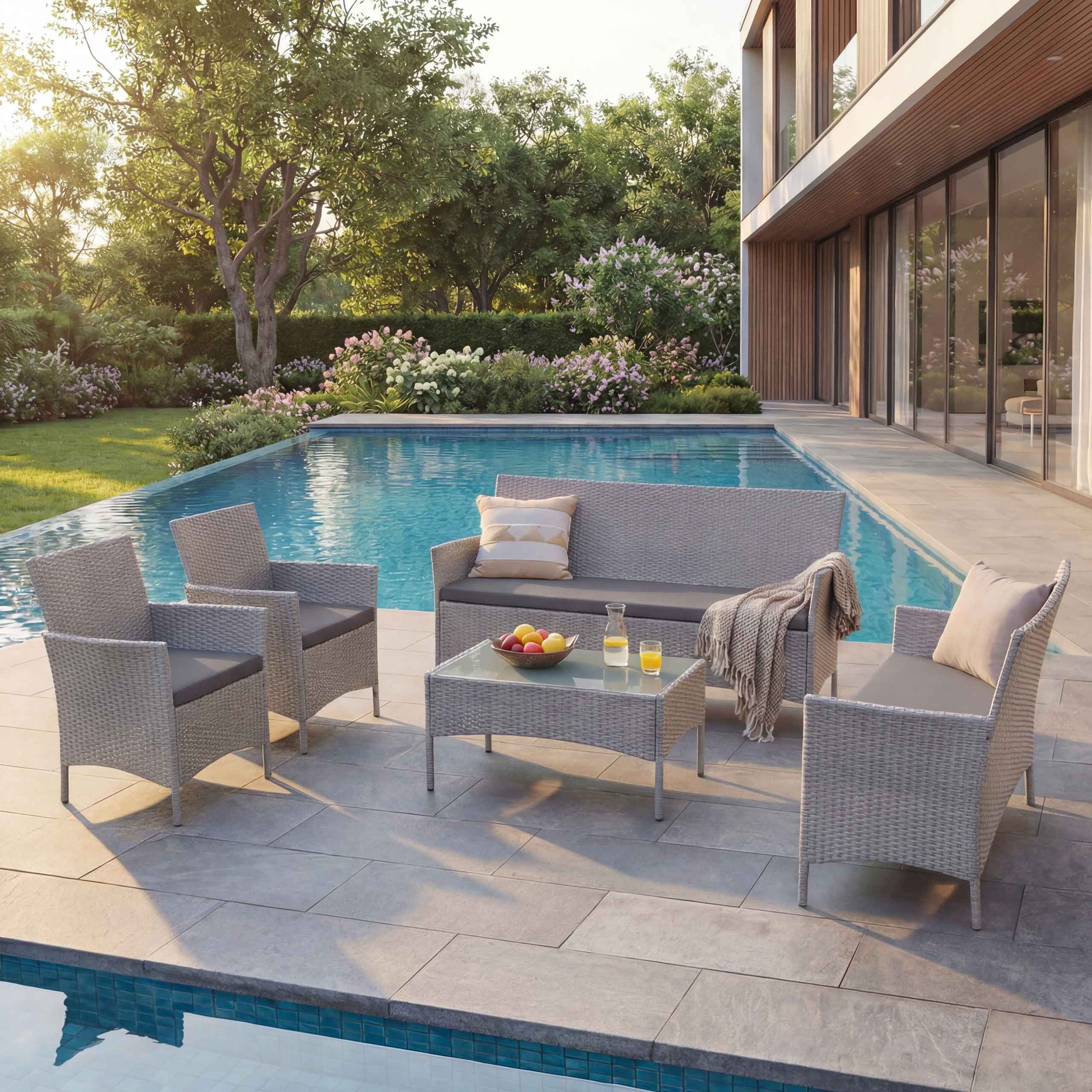 MCW Sitzgruppe Hamar-P3, (5-tlg), sehr breite Sitzflächen, stabile Glasplatte, wasserabweisende Bezüge