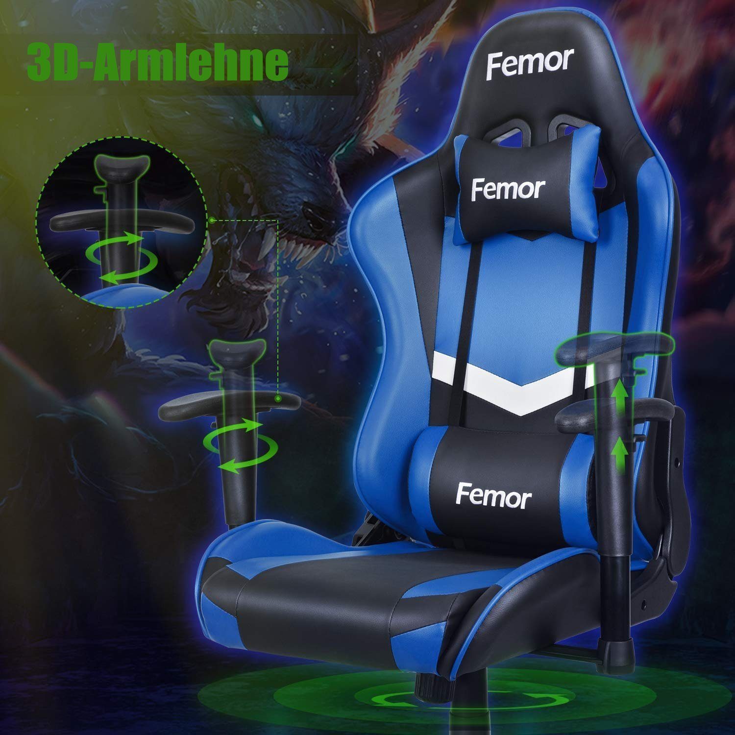 Femor blau Chair 90°-160° Stuhl Gaming Gaming Gamer Neigungswinkel Stuhl,