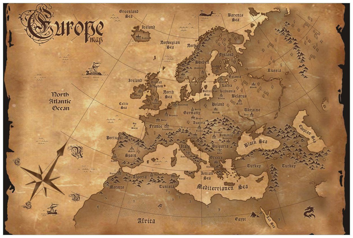 Wallario Wandfolie, Alte Weltkarte Karte von Europa in englisch, in verschiedenen Ausführungen