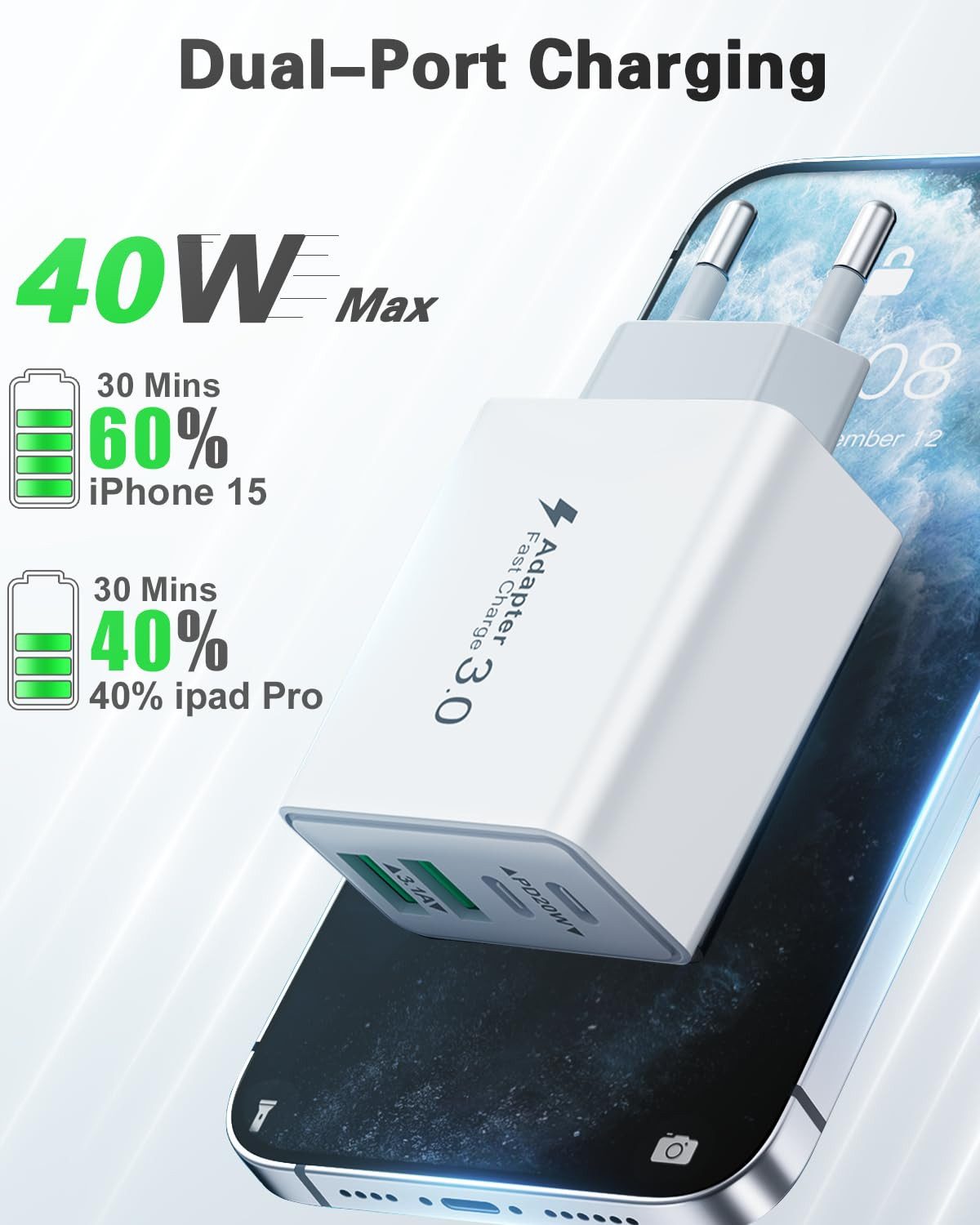 Bundviel 4-fach Schnellladegerät 40W Netzteil 2x USB-C + 2x USB USB-Ladegerät