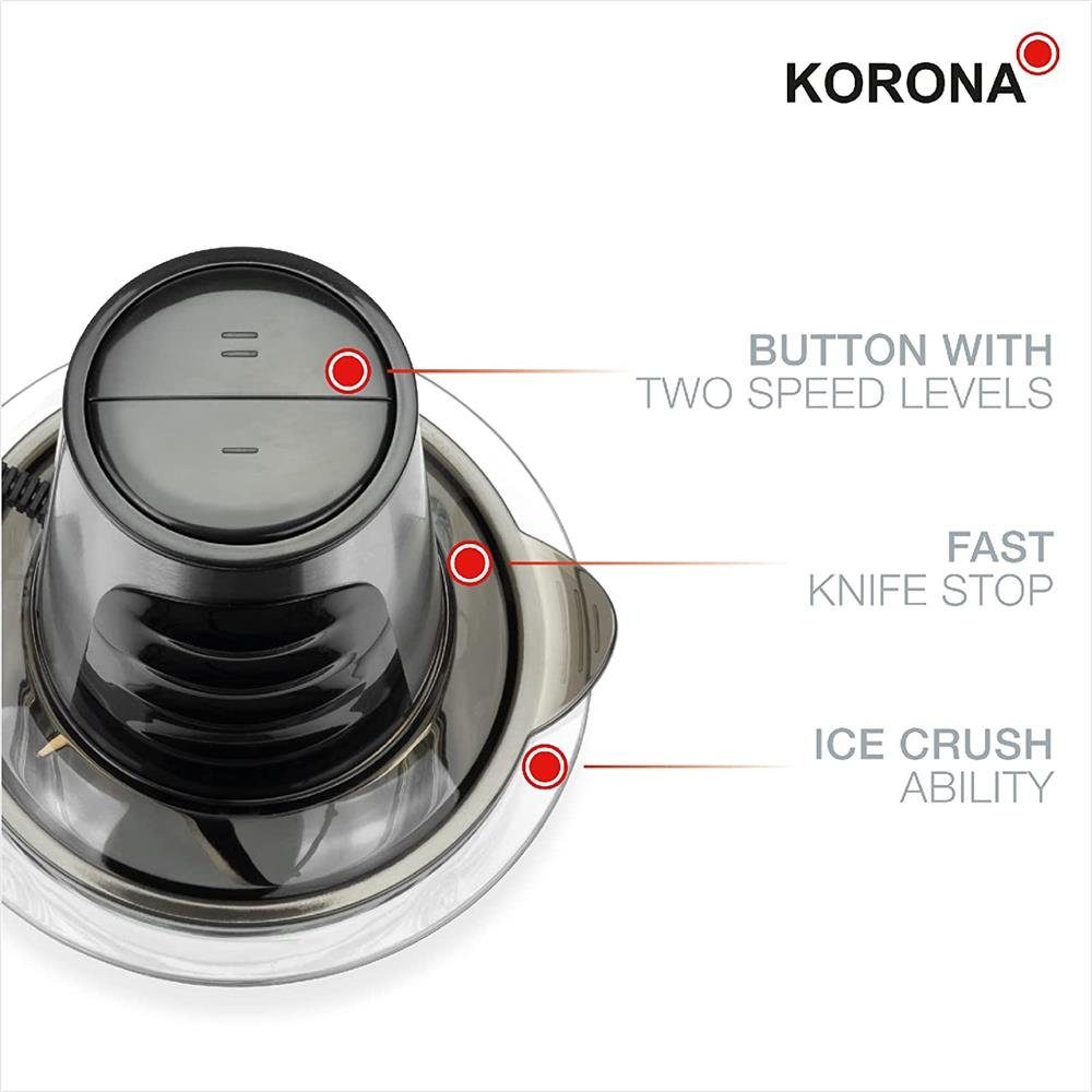 KORONA Zerkleinerer 25005, Edelstahlgehäuse, Glasbehälter, 2 Leistungsstufen, 500 Watt, für Eiswürfel Ice Crush Funktion, rutschfest