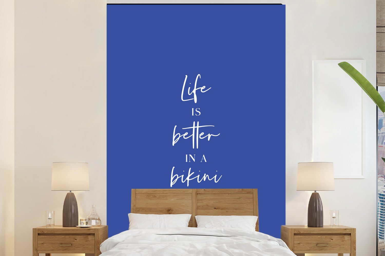 MuchoWow Fototapete Das Leben ist besser im Bikini - Zitat - Blau, Matt, bedruckt, (3 St), Montagefertig Vinyl Tapete für Wohnzimmer, Wandtapete