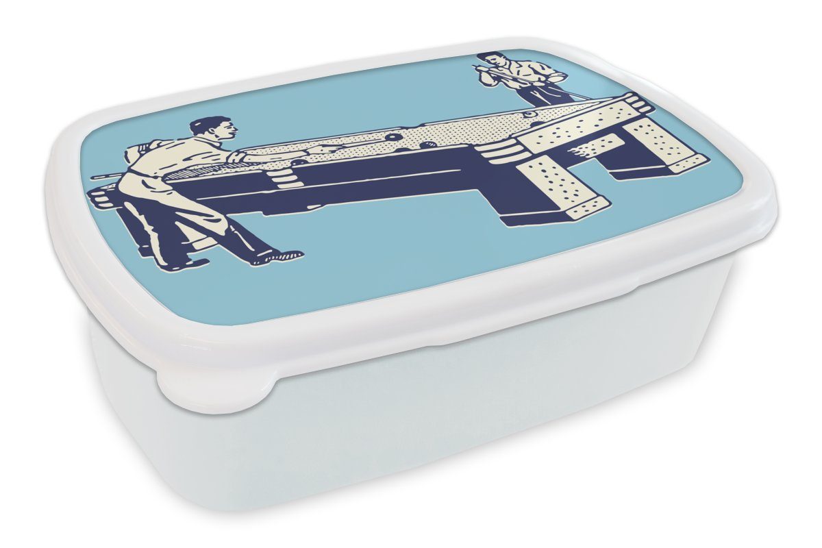 MuchoWow Lunchbox Eine Illustration eines Billardtisches vor einem blauen Hintergrund, Kunststoff, (2-tlg), Brotbox für Kinder und Erwachsene, Brotdose, für Jungs und Mädchen weiß