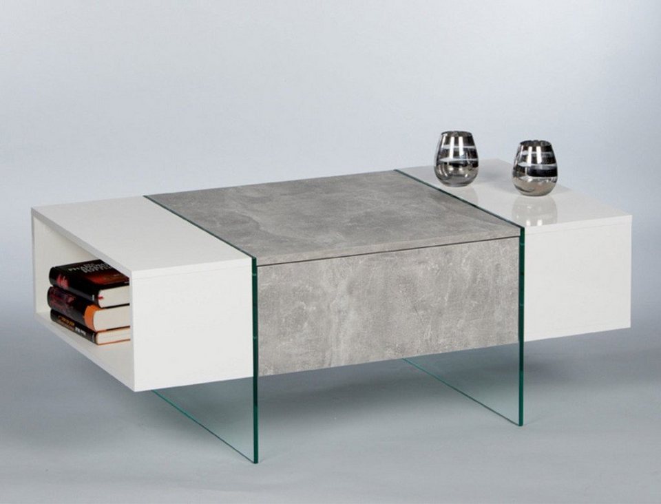 expendio Couchtisch Fedra, weiß Hochglanz, Beton-Optik 110x60x42 cm,  Schubkasten