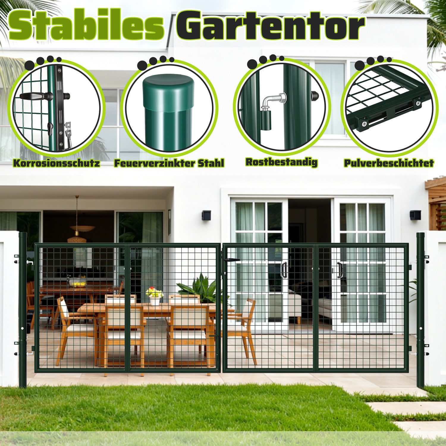 Clanmacy Gartentor 300x100cm Doppelflügelig Gartentor Gartentür Metall Zauntür Zauntor, mit Schloss, Türklinke und Schlüssel – Bild 5 von 5