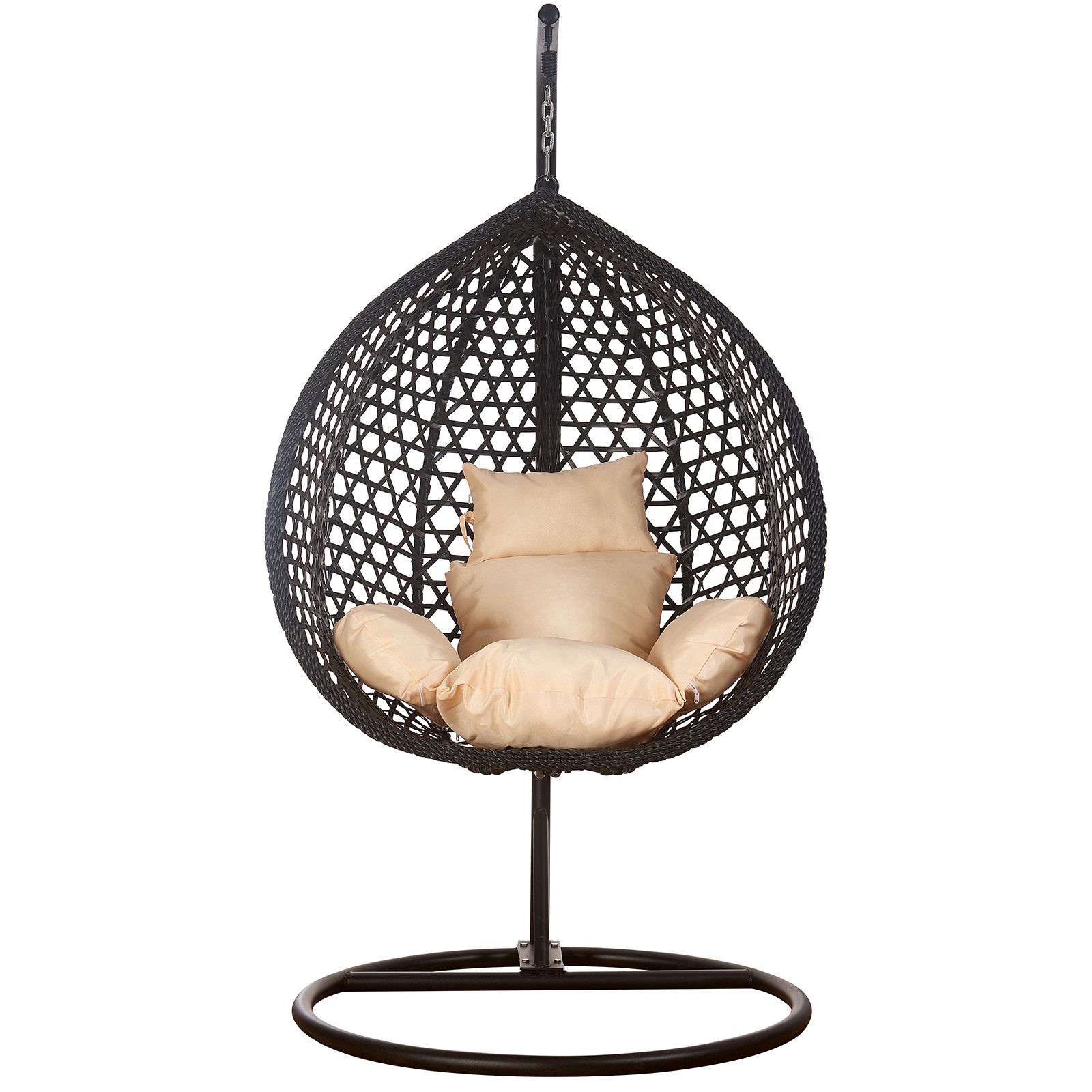 RAMROXX Style Relaxkissen Rattan Hängesessel Schwarz XXL Hängesessel Korb mit Beige