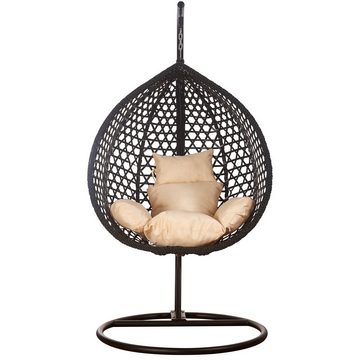 RAMROXX Hängesessel Hängesessel Style XXL Rattan Korb Schwarz mit Relaxkissen Beige