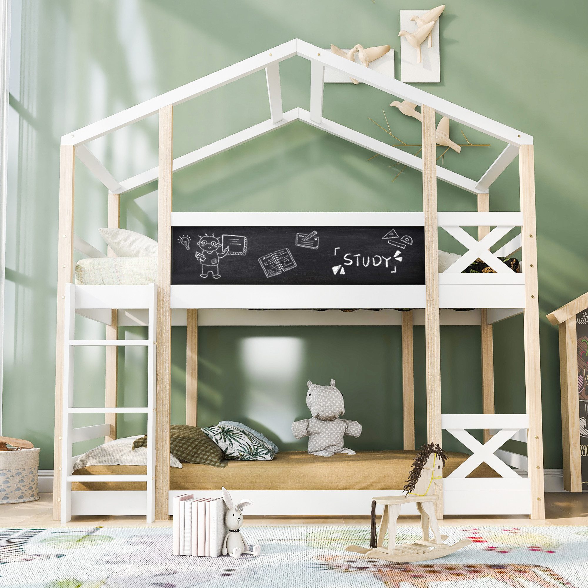 OKWISH Etagenbett Kinderbett Baumhaus (Hochbett für Kinder– 2x Lattenrost- Natur & Weiß, mit Leiter 90 x 200 cm), Praktikabilität und Kreativität kombinieren