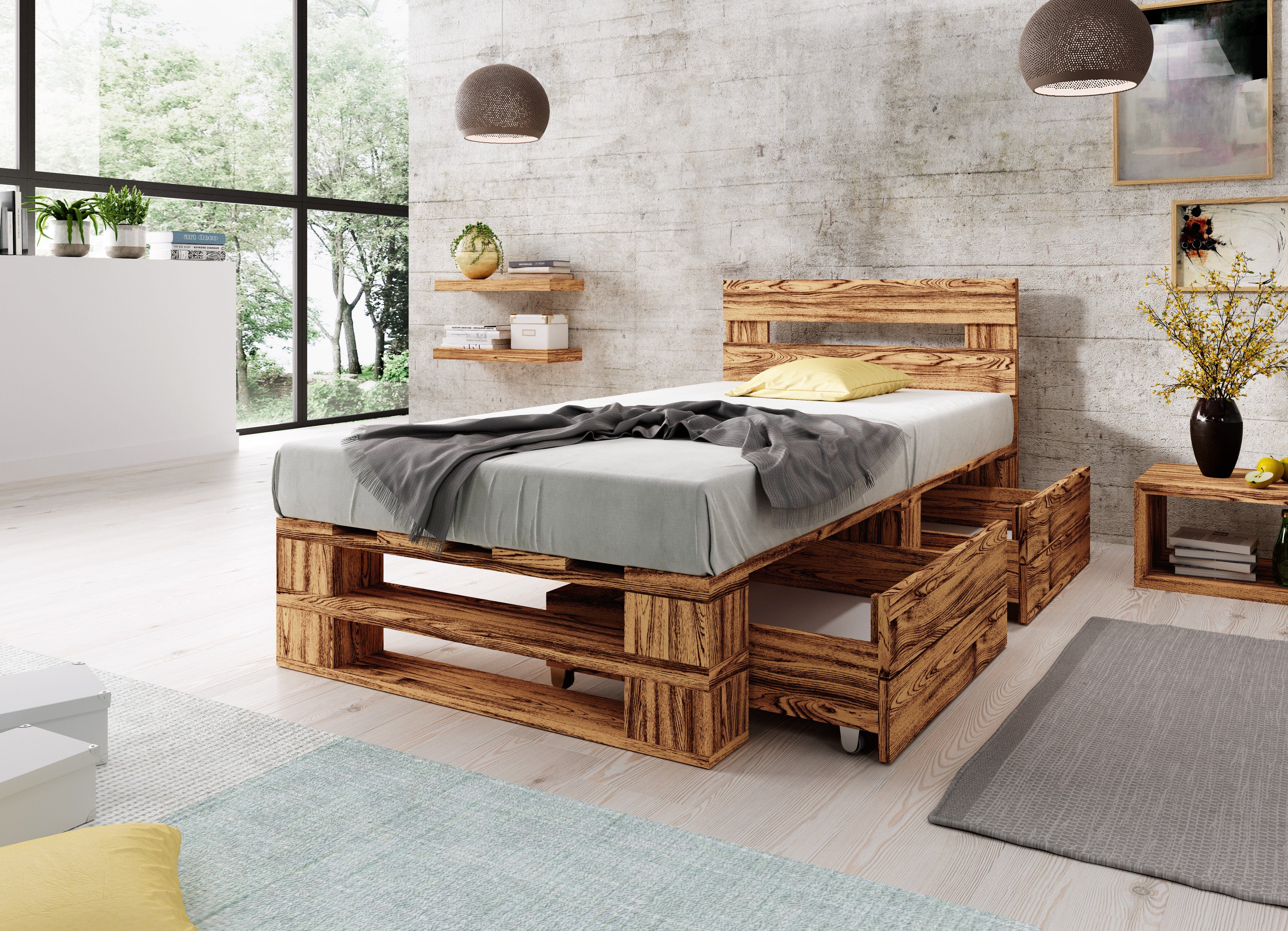 sunnypillow Palettenbett M2 aus Holz mit Kopfteil und 2 Bettkästen, 120 x 200 cm + Schubladen Geflammt – Bild 3 von 5