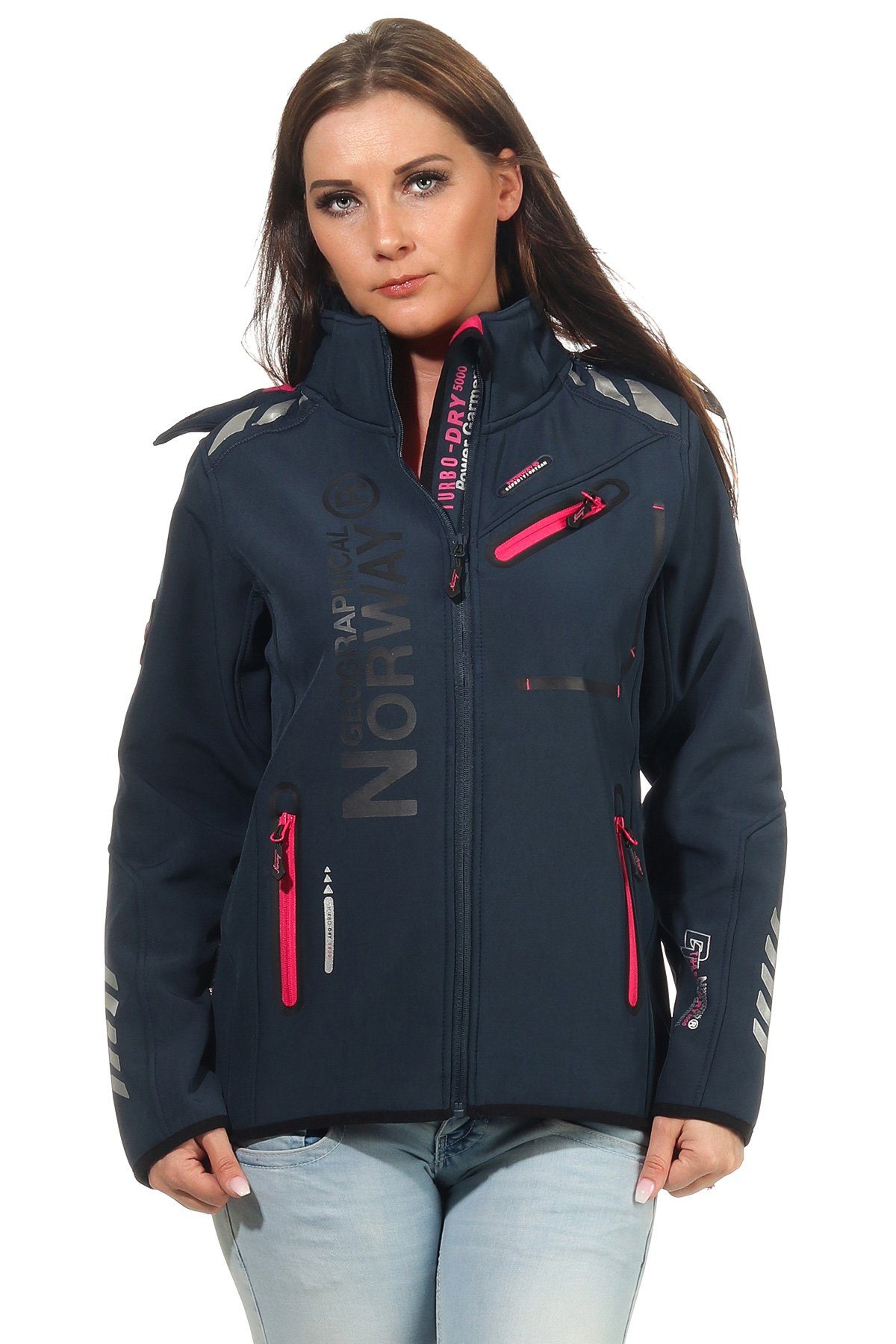 Geographical Norway Softshelljacke Damen Softshell Windbreaker Regen Outdoor Jacke in Unifarbe, mit abnehmbarer Kapuze, mit Stehkragen
