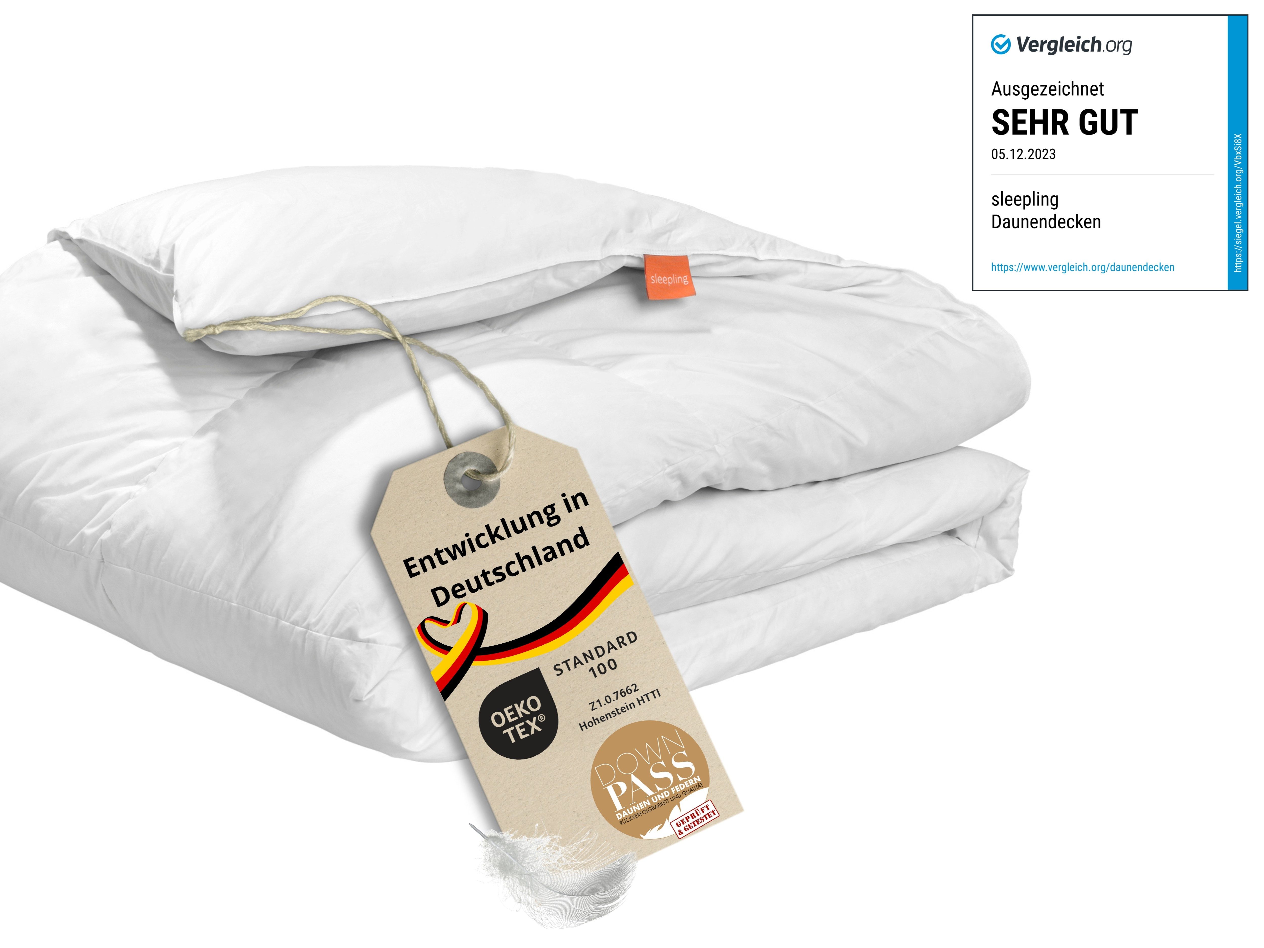 sleepling Daunenbettdecke Komfort, 135 x 200 cm, 155 x 220 cm, weitere Größen und Wärmeklassen, Füllung: 90% Daunen, 10% Federn, Bezug: 100% Baumwolle, als warme Winterdecke oder leichte Sommerdecke, Downpass, Made in EU