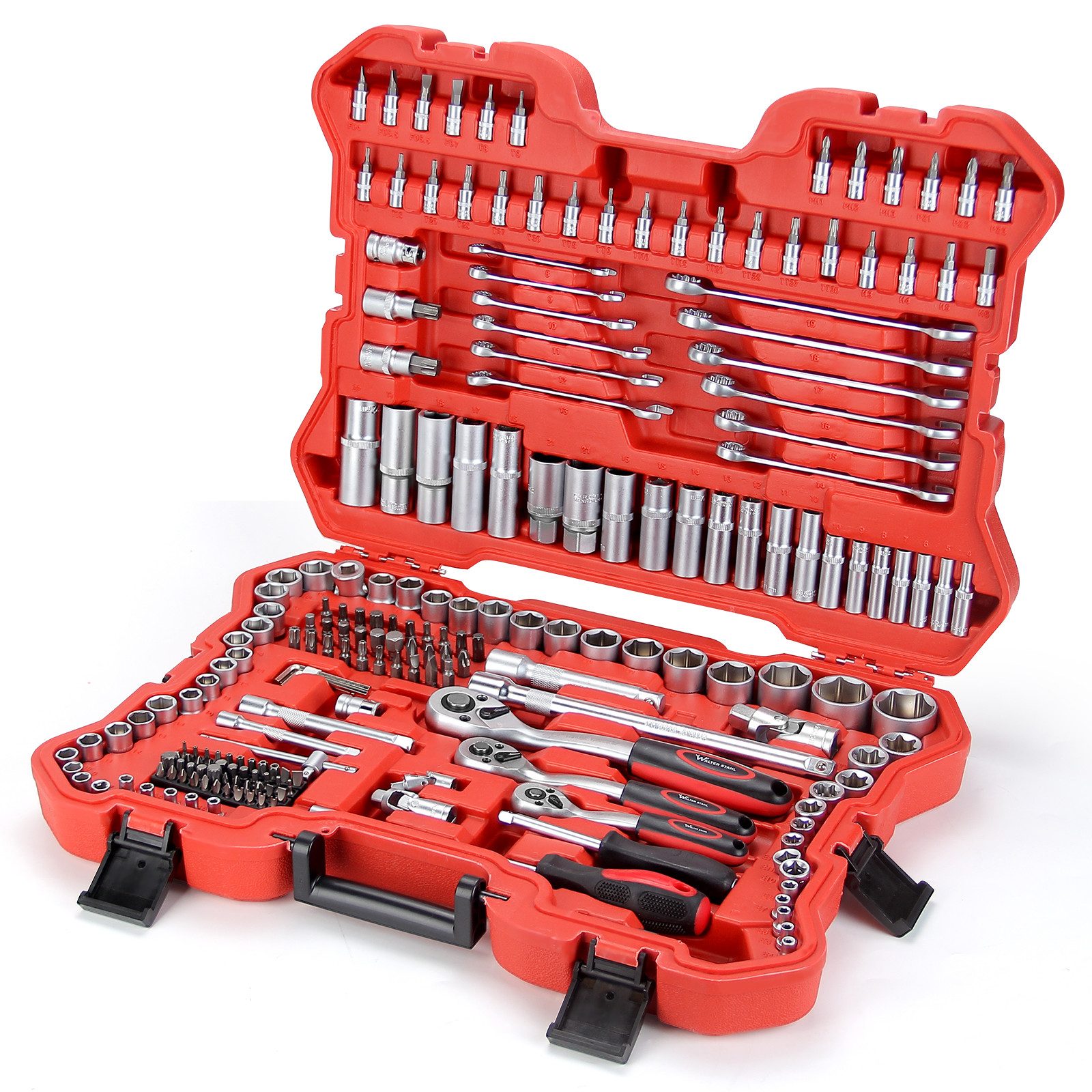 Walter Stahl Germany control Steckschlüssel Steckschlüsselsatz 215/409/599-tlg Ratschenkasten 1/4"+1/2"+3/8" (Packung, 215 St., 108/172/215/409/599-tlg), Mit Ratschen, Steckschlüssel und Bitsatz,Steckdosen,Werkzeugkoffer