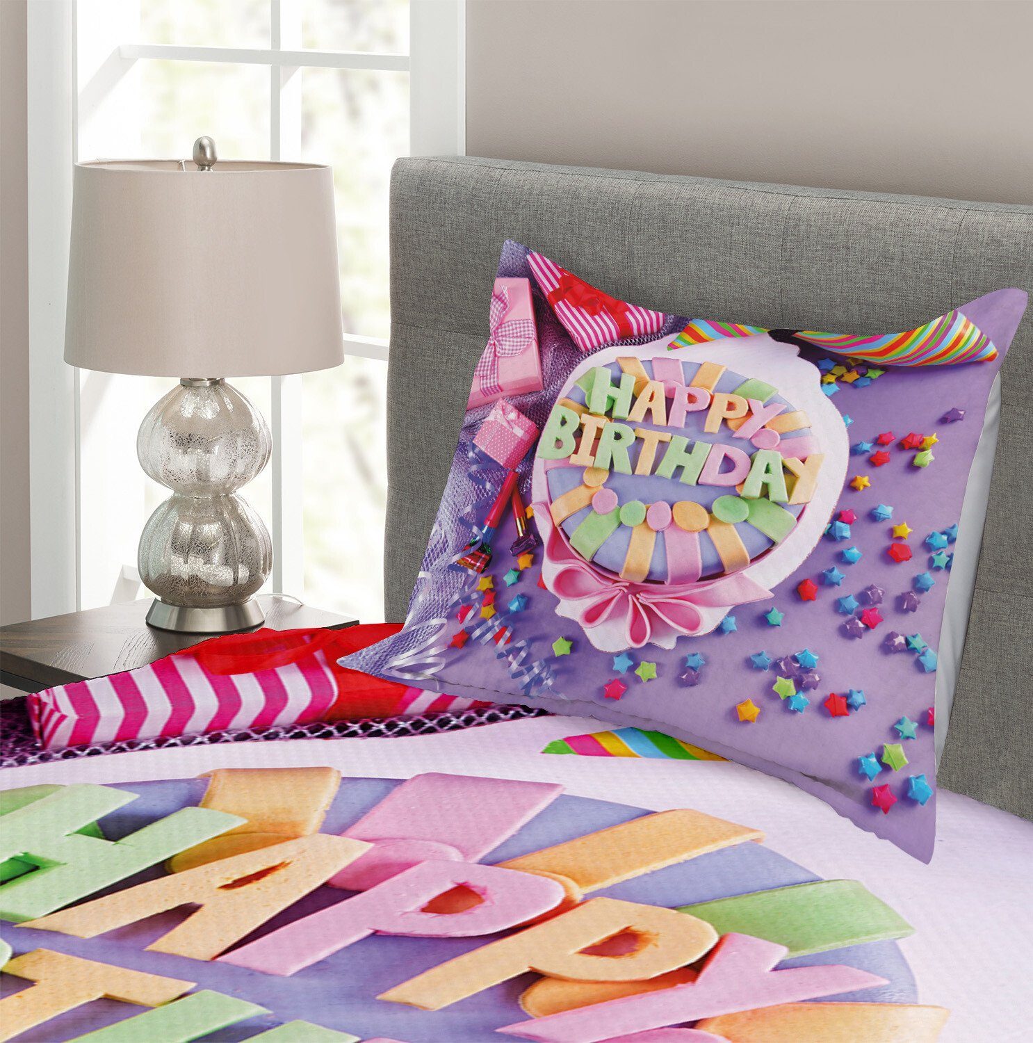 Set Geburtstagstorte Kissenbezügen Tagesdecke Abakuhaus, Waschbar, Lila mit Geschenke