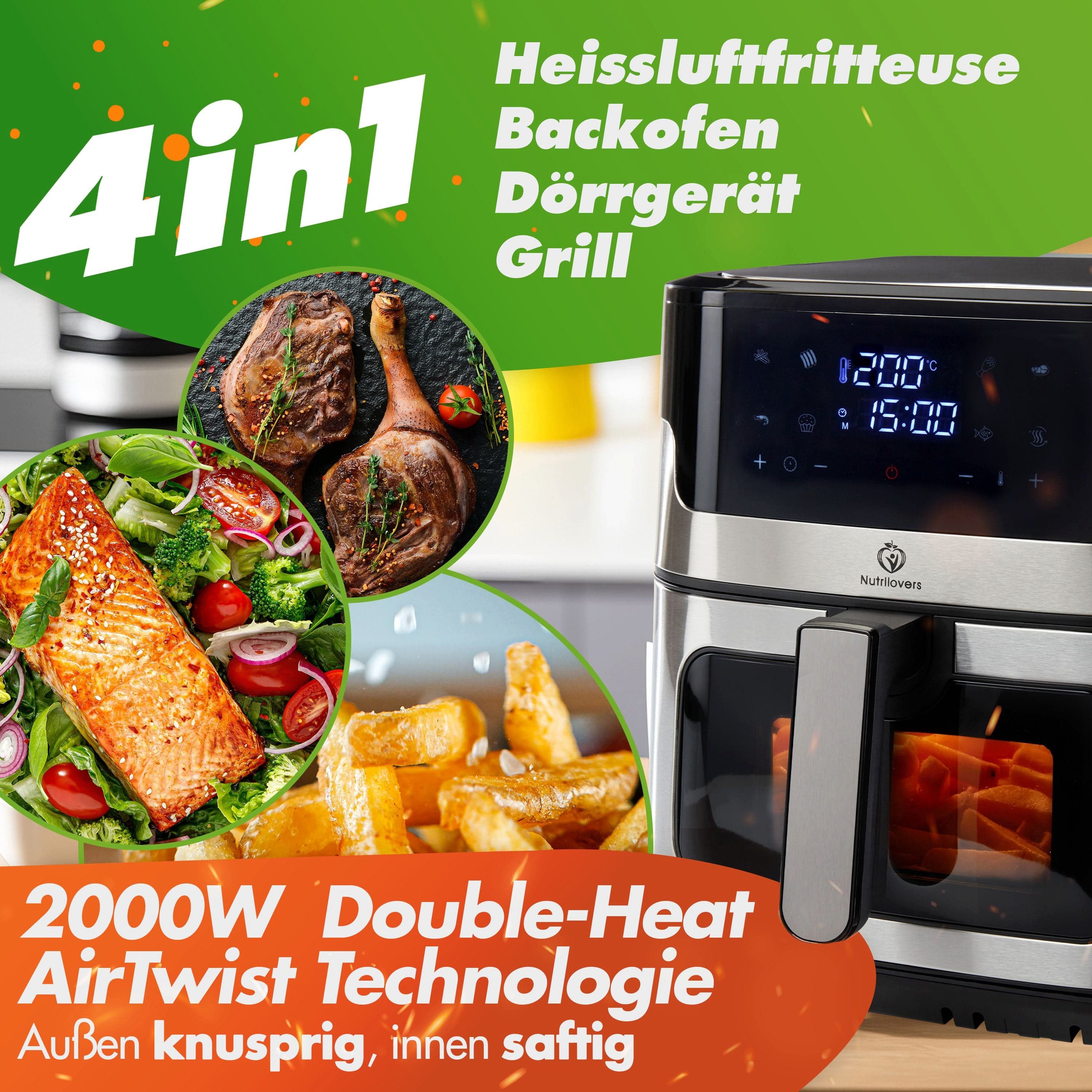 Nutrilovers Heißluftfritteuse NUTRI-FRYER Hei fluftfritteuse Edelstahl, 8L, 2000W, Ober- & Unterhitze, 2000 W