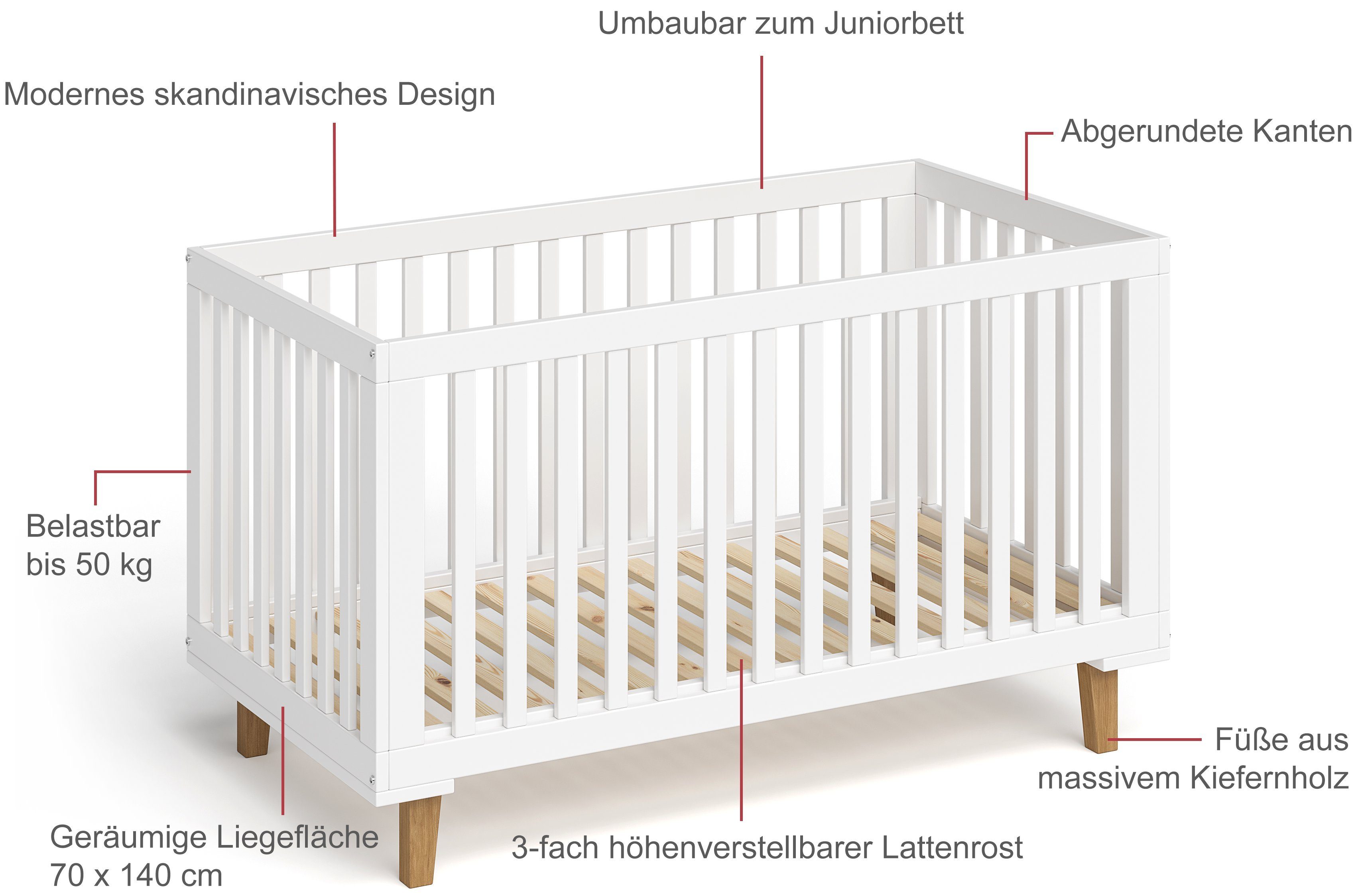 Wickelaufsatz Wickelkommode), Kinderbett, Liri, (2-St., höhenverstellbares Babymöbel-Set Babybett, abnehmbarer Bellabino