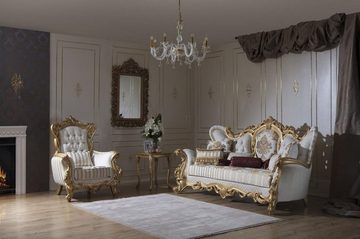 Casa Padrino Sessel Luxus Barock Sessel Weiß / Gold 100 x 80 x H. 124 cm - Wohnzimmer Sessel mit elegantem Muster und dekorativem Kissen - Barock Möbel - Edel & Prunkvoll