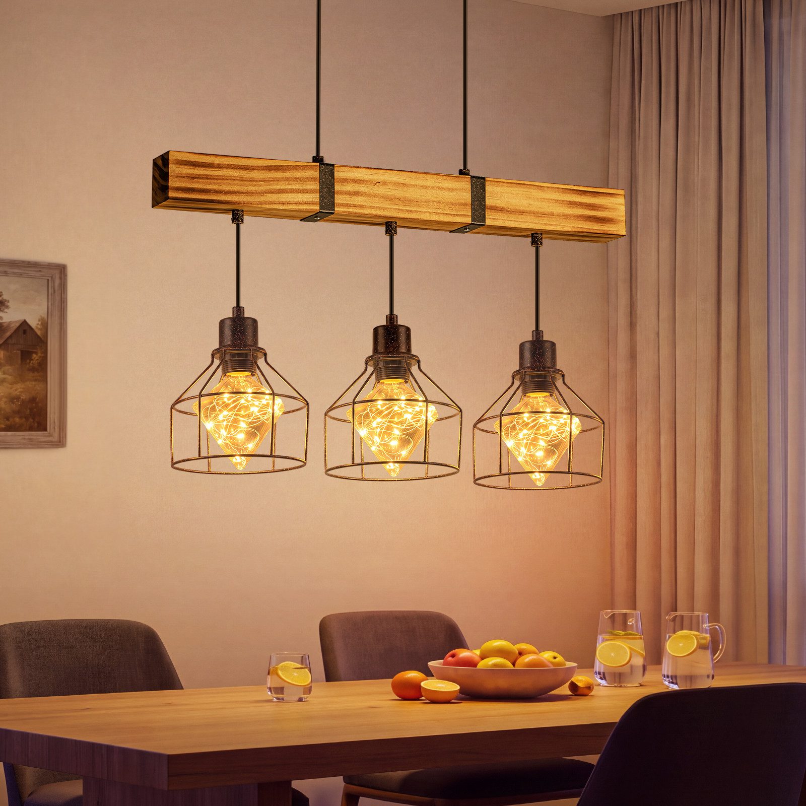 Nettlife Pendelleuchte Esstisch 3/4flammig Holz Schwarz Retro Industrial Hängelampe E27, ohne Leuchtmittel, Höhenverstellbar für Esszimmer …