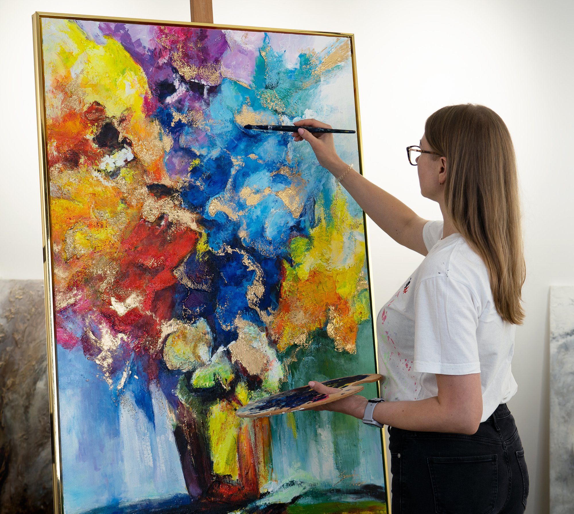 YS-Art Gemälde Sonnenblumenstrauß, Blumen, Blumen in einer Vase in bunten Farben im Schattenfugenrahmen